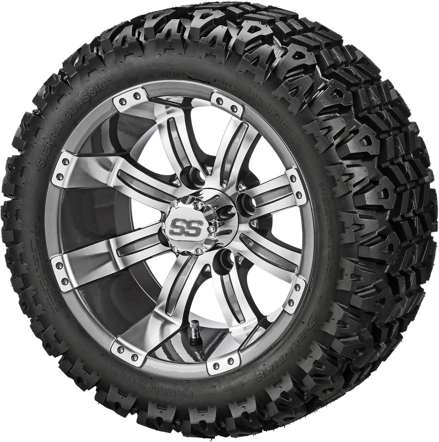 RM Cart 12" Casino Black/Machined on 20x10-12 Sierra Sport Tires (Set of 4) | Golf Cart Tires and Wheels Combo with Standard Lug Nuts