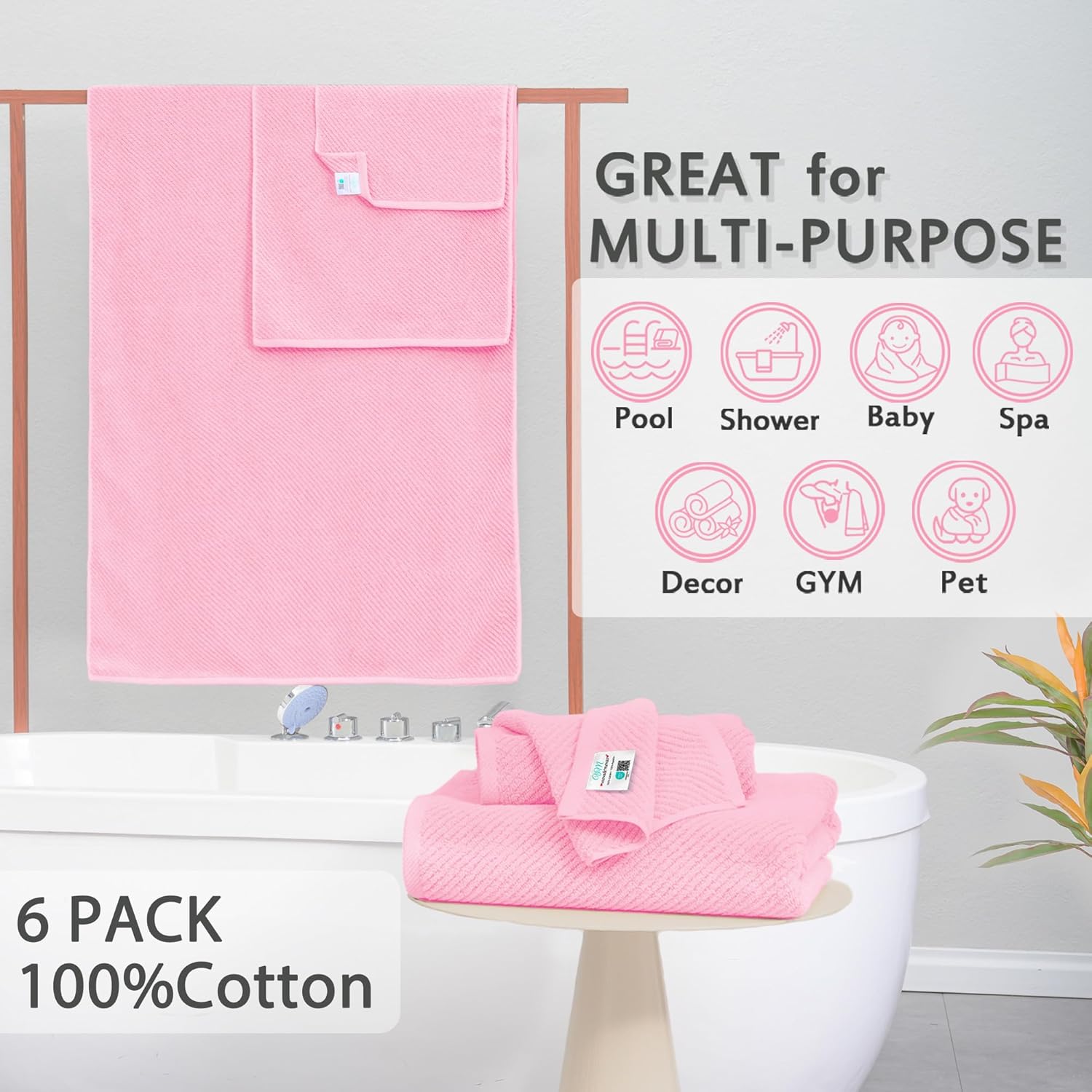 Pink Towels - 100% Cotton, Soft, Quick Dry, Lightweight, Towel Set of 6, 2 Large Bath 30" x 56", 2 Hand 18" x 28", 2 Washcloths 13" x 13", Pink Towels Bathroom Sets, Luxury Towel Gift Set - Image 3