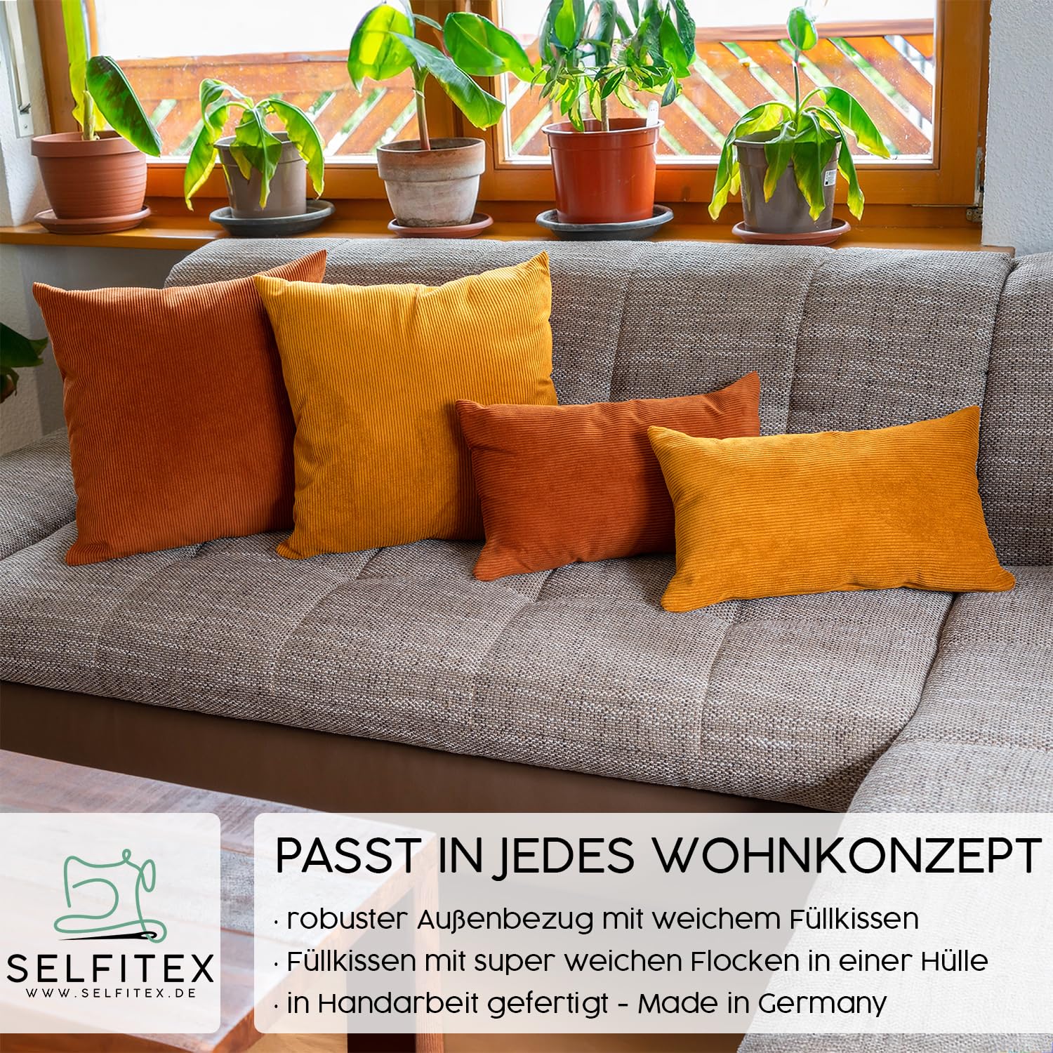 Selfitex 4er Set Cord Sofakissen 2X 30x50 + 2X 50x50, Couchkissen inkl. Füllkissen, samtiger Kissenbezug mit weicher Kissenfüllung, Flauschige Dekokissen für Wohn- & Schlafzimmer (Granada)