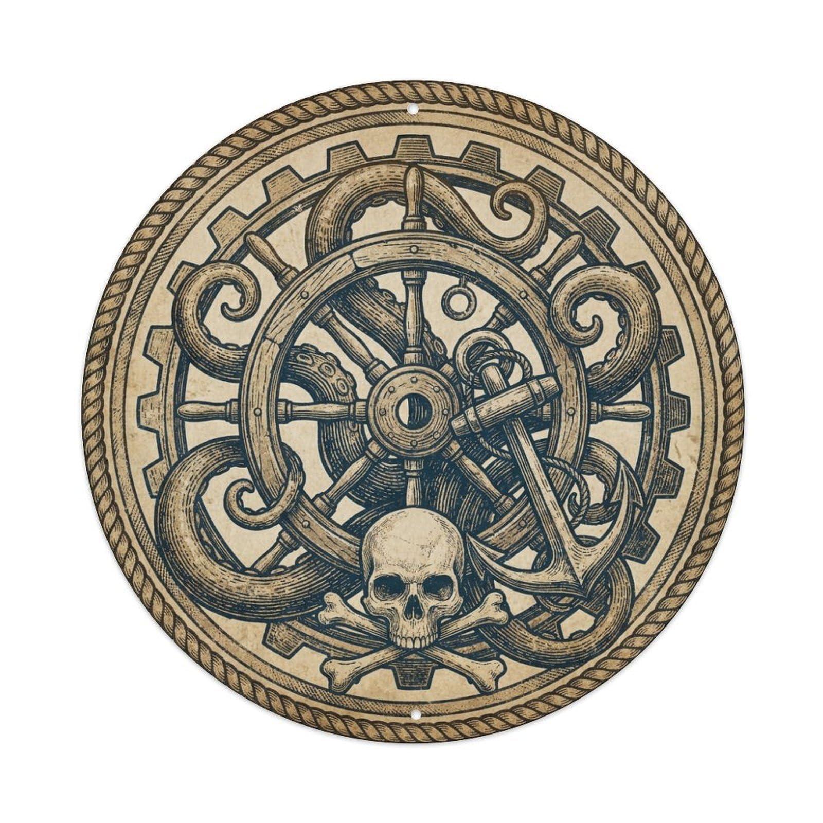 Kraken Ship Wheel Anchor Skull Maritime Myth Emblem Metal Tin Sign