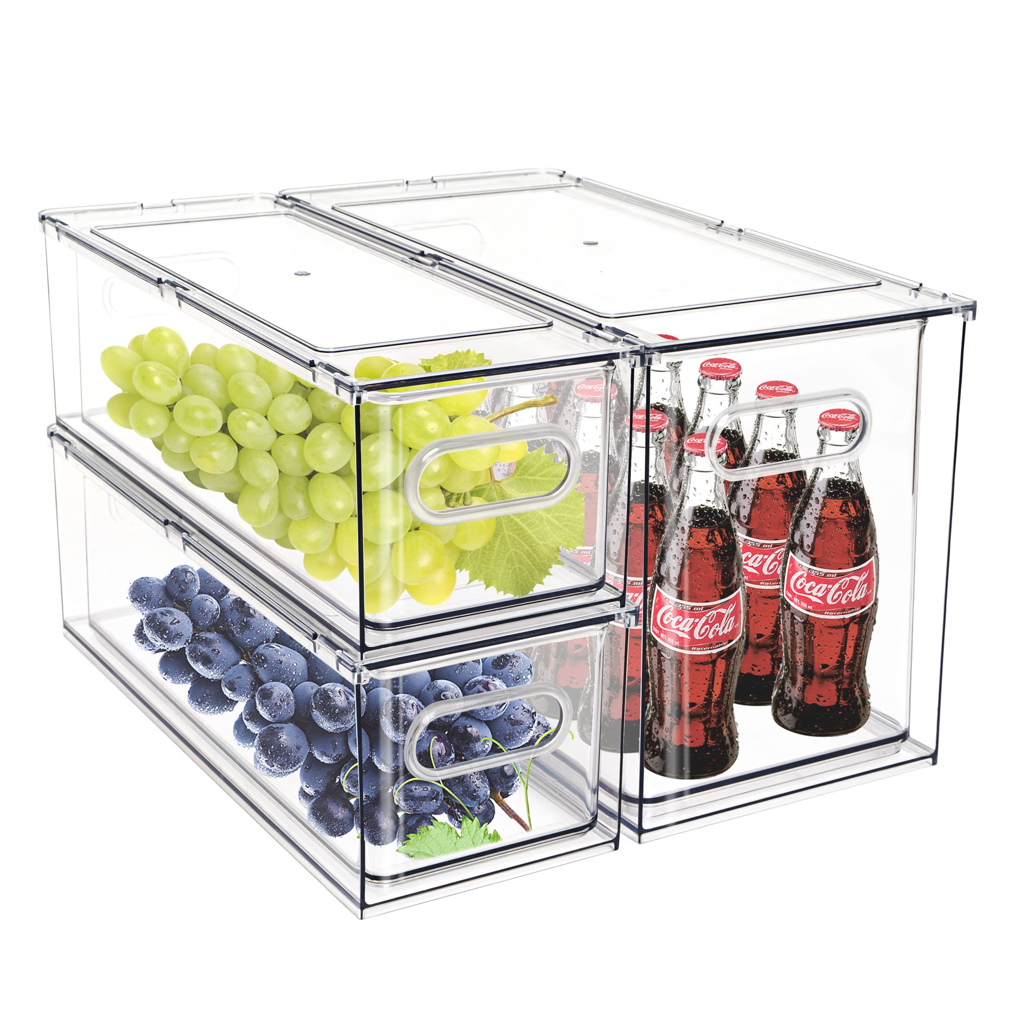 Mano Fridge Drawer Pull Out Stackable Bins with Handle Clear