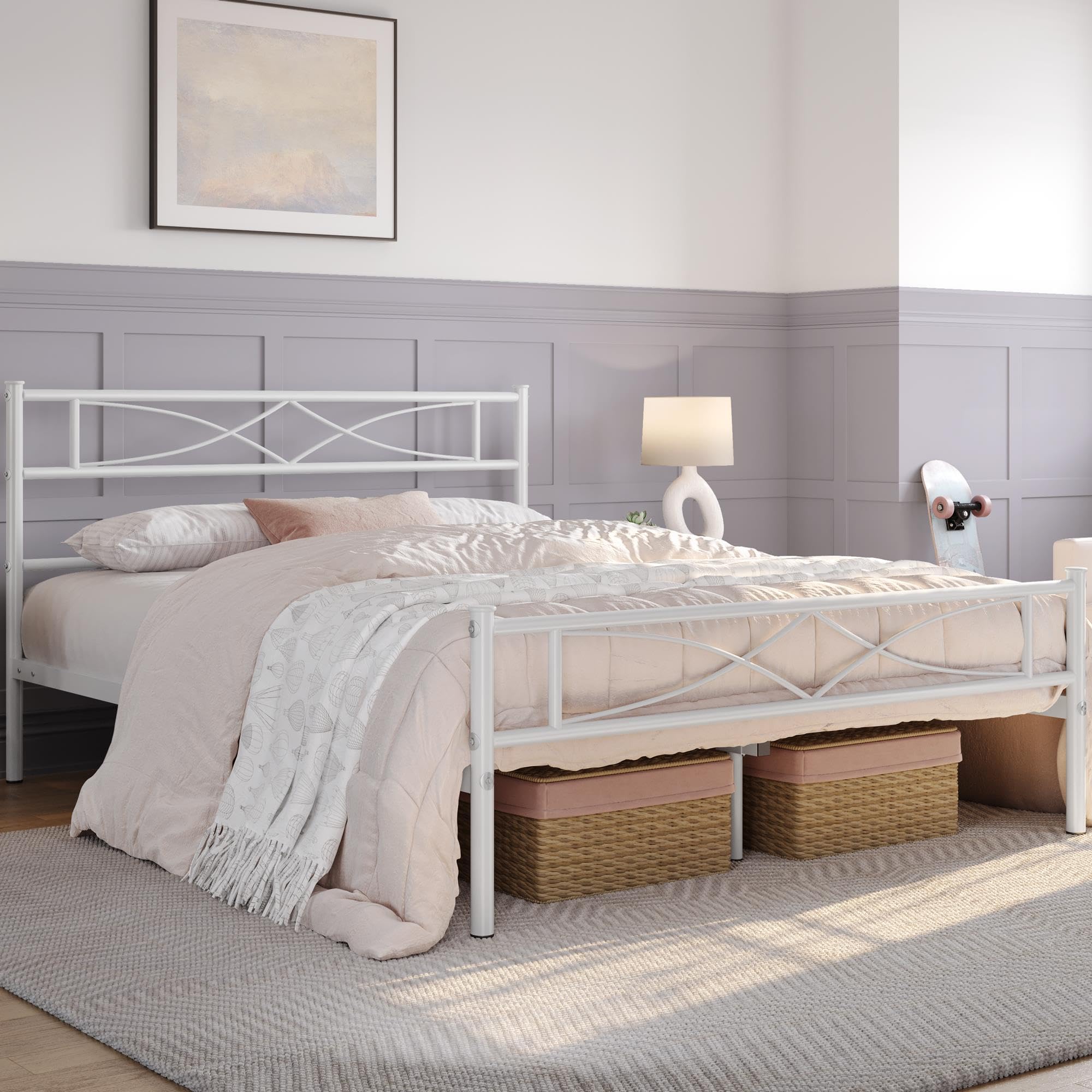 Yaheetech Metallbett 140 x 200 cm Bettrahmen mit Hohem Kopfteil Gästebett mit Lattenrost für Schlafzimmer Gästezimmer Viel Stauraum unter dem Bett Weiß