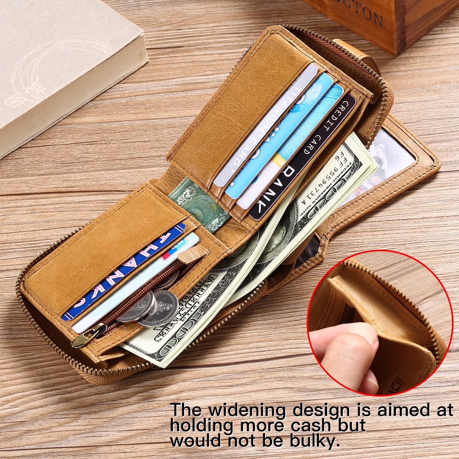 GOIACII Zipper Wallet for Men Genuine Leather RFID Blocking Mens Wallet with Zipper Coin Pocket ID Window Zipper Wallets Large Capacity - Image 6