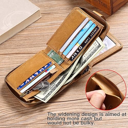 Miniatura 6 de GOIACII Cartera con cremallera para hombre, de piel auténtica, con bloqueo RFID, con cremallera, bolsillo para monedas, para identificación, con