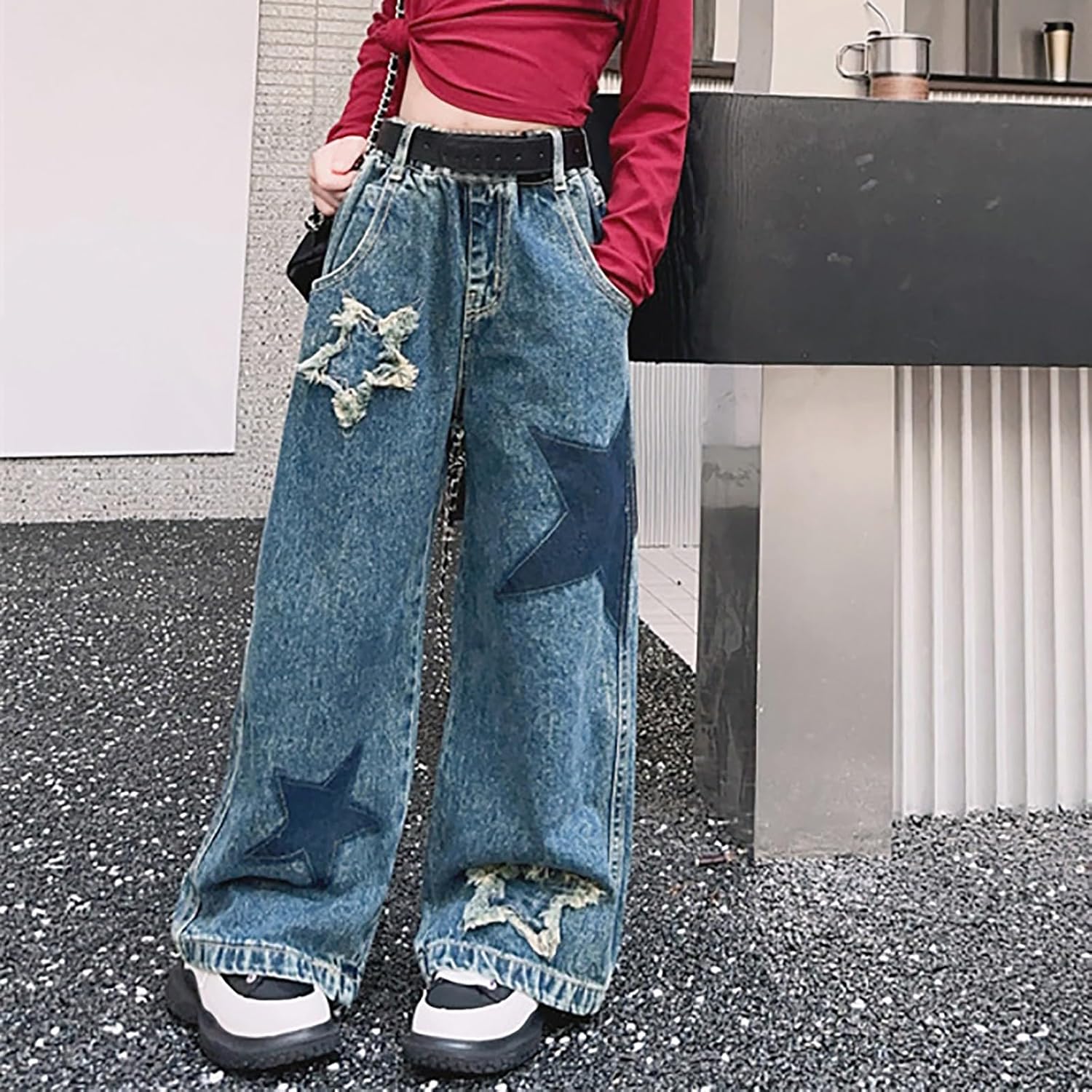 Kids Girls Baggy Jeans Teen Spring Straight Wide Leg Ripped Denim Pants Y2k Trendy High Waist Streetwear Long Trousers
