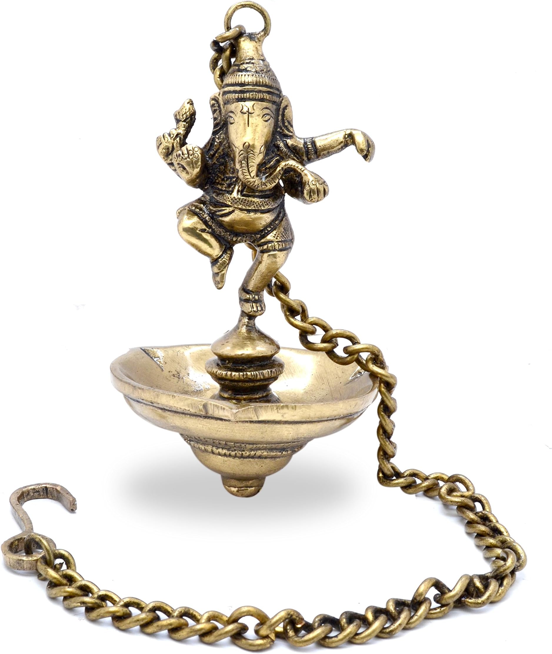 Two Moustaches Dancing Ganesha Brass Hanging Diya for Home Decor, 6 Inches Ganesha Brass Deepak, 11 Inches Chain Length, Hanging Diya for Home Decor, Pack of 1