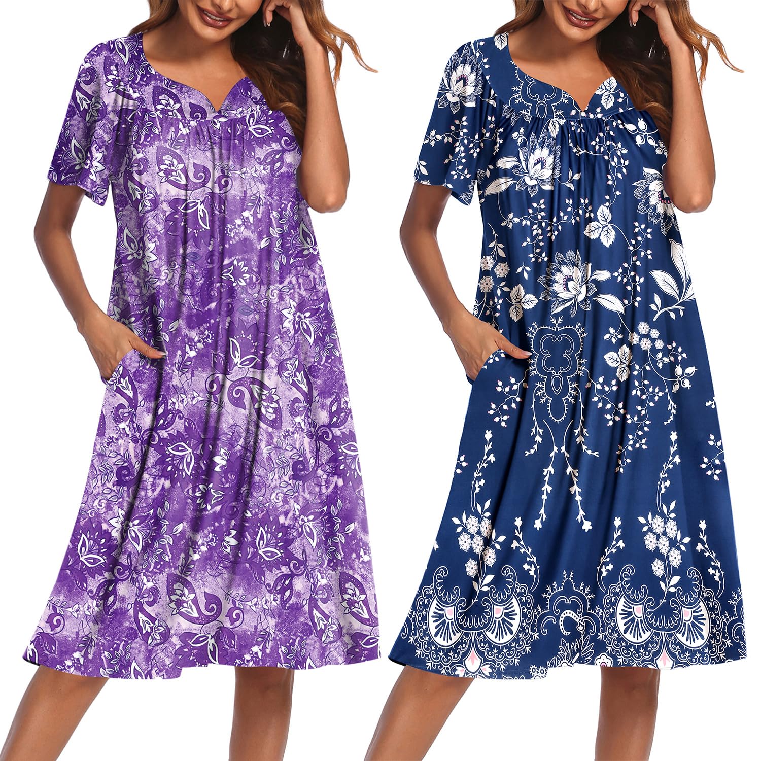 Ekouaer Paquete de 2 vestidos de casa para mujer con bolsillos de manga corta Moo Moos con estampado floral Mumu
