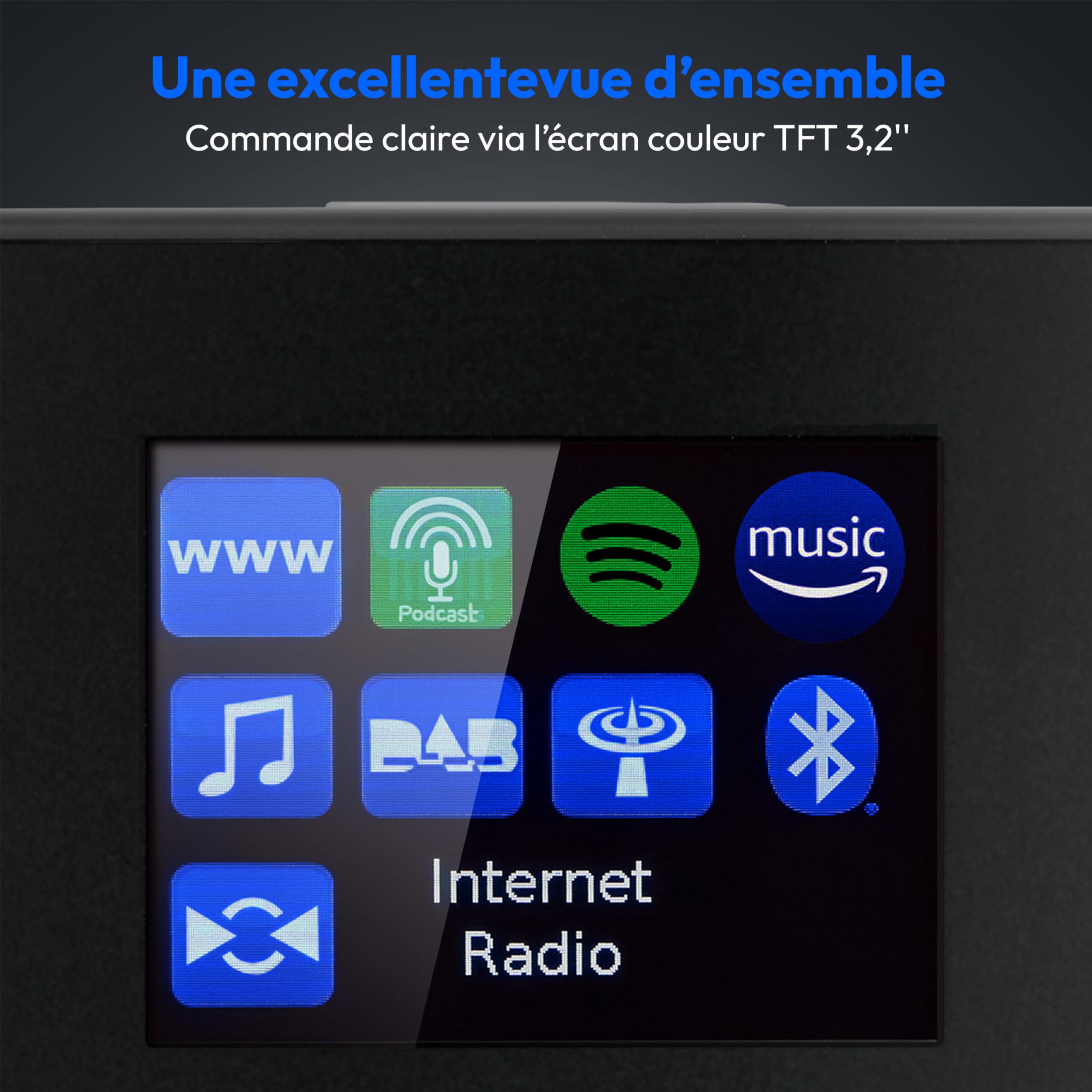 MEDION P85444 2.1 Radio Internet avec Subwoofer (Dab+, Radio FM, Spotify, WiFi, Bluetooth, Streaming, égaliseur, écran Couleur, USB, AUX, Réveil, Fonction Snooze, Sleep Timer) Titane