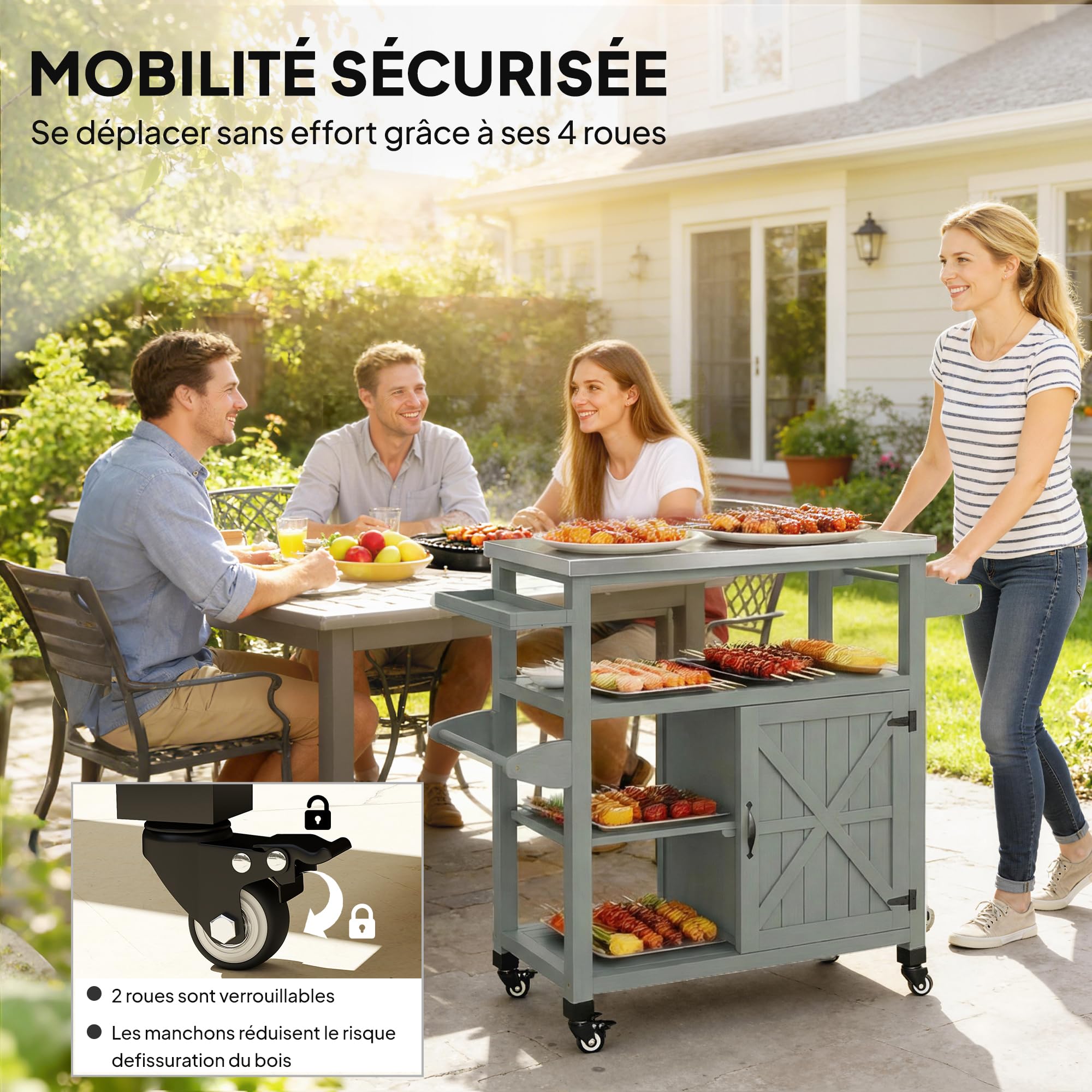Outsunny Desserte Jardin Chariot de Barbecue sur roulettes îlot de Cuisine en Bois Plateau en Acier Inoxydable Placard étagères Ouvertes Porte-épices Porte-Serviettes décapsuleur 107x49,5x92,5cm Gris