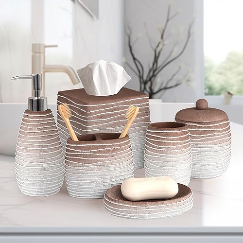 Miniatura 6 de Decozen Accesorios de baño  Juego de 6 piezas para decoración de tocador de baño, jabonera, dispensador de jabón, soporte para cepillos de dientes,