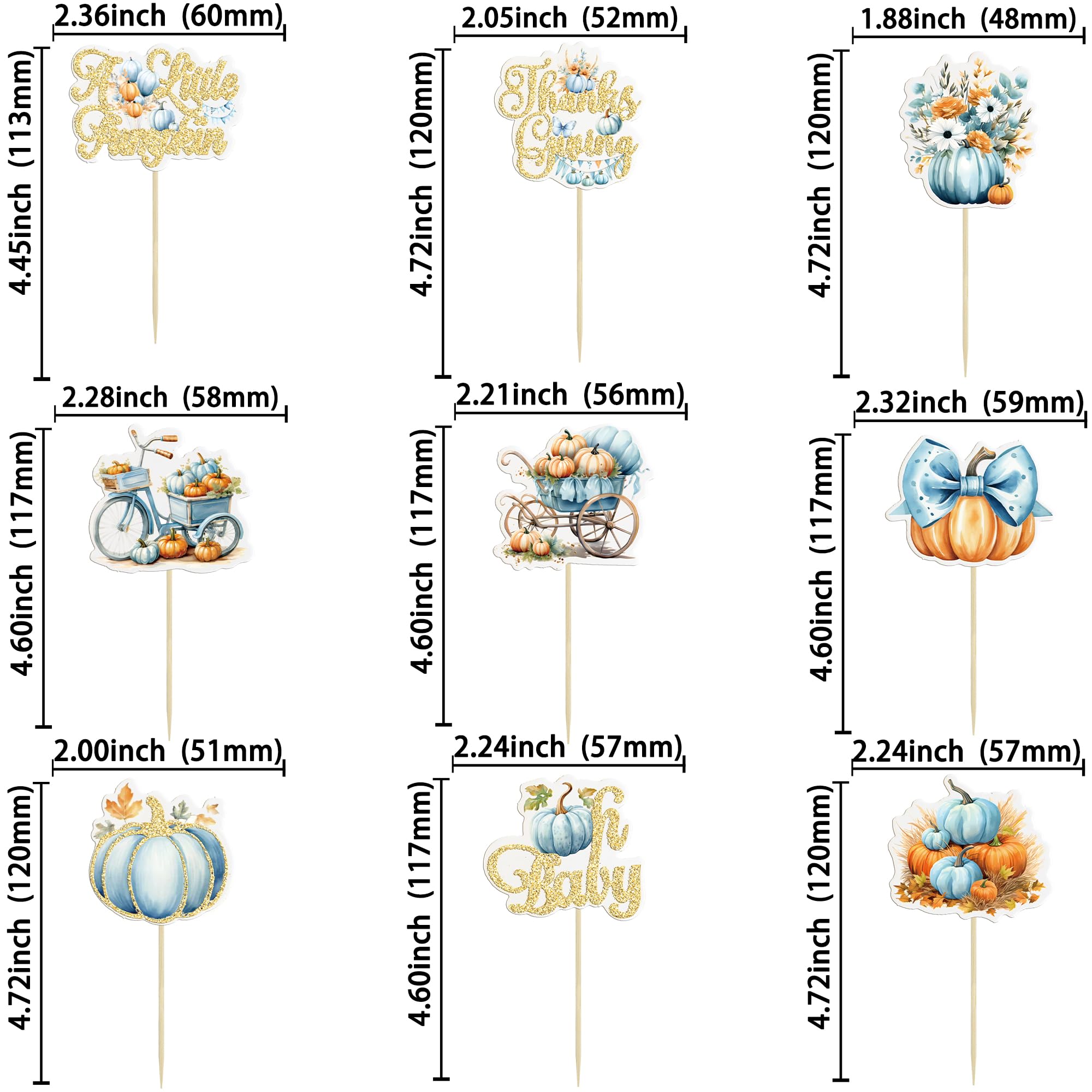 Gyufise 36Pcs Pumpkin Oh Baby Cupcake Toppers Little Pumpkin Baby Shower Cake Decorations Fall Floral Cake Topper Picks for Thanksgiving Halloween Gender Reveal Party Supplies Blue - Image 2