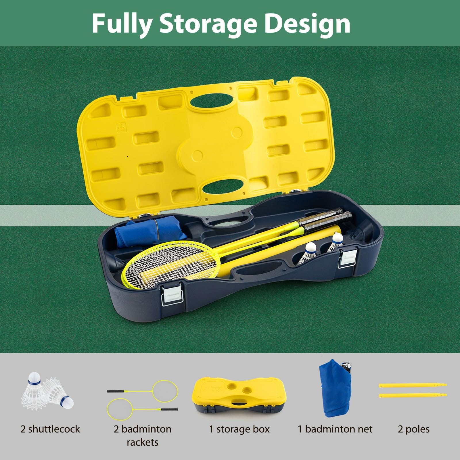 LIFEZEAL Tragbares Badminton Set, Badminton Netzständer mit freistehender Basis, Badminton-Übungsgerät mit Schlägern, Federbällen, Netz & Aufbewahrungsbox, für Badminton Tennis Volleyball
