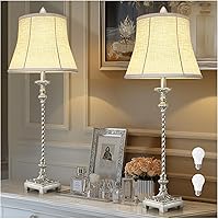 LuxSightCollection Candlestick Buffet Table Lamps Set of 2, 33" Vintage Nightstand Lamps, Silver Leaf Finish, White Linen Shades, 3-Way Dimmable Bulbs Included