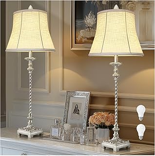 Candle Stick Buffet Table Lamp Set of 2, 33'' Vintage Nightstand Lamps with Silver Leaf Finish and White Linen Shades, 3-Way Dimmable Bulb Included, Country Style Bedside Lamps for Living Room Bedroom