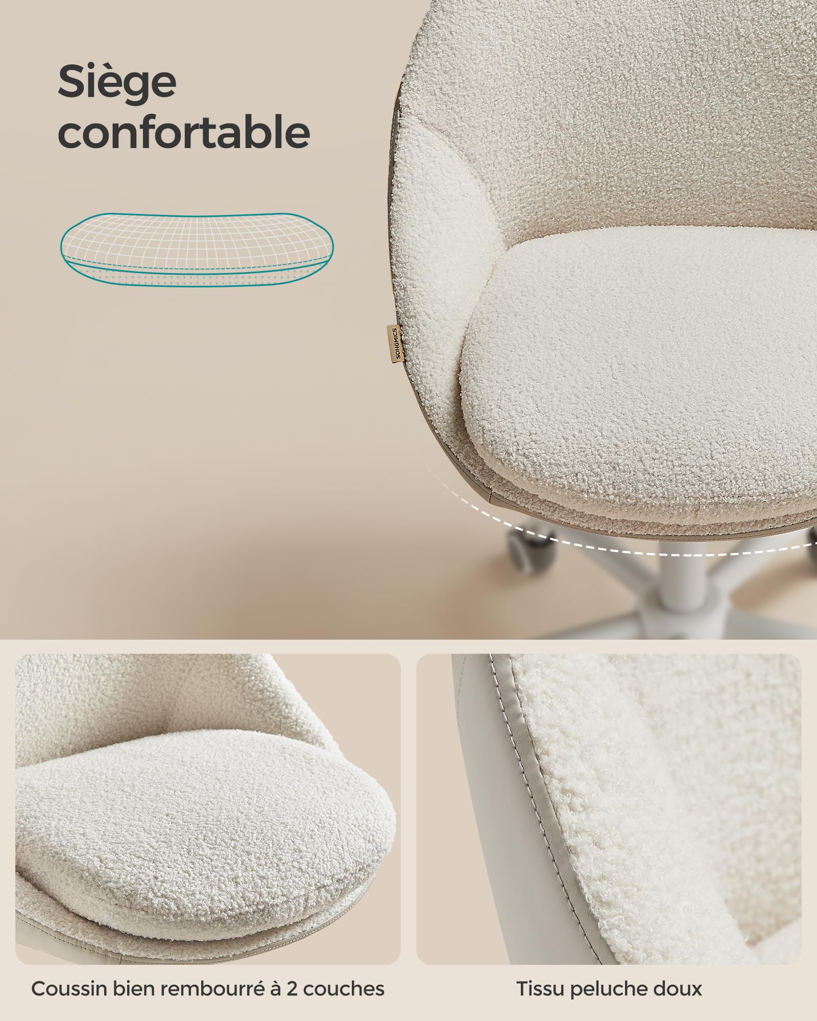 SONGMICS Chaise de Bureau, Fauteuil Pivotant en Peluche et PU, Siège Confort, Rembourrage en Mousse, Réglable en Hauteur, pour Bureau, Chambre, Beige Cappuccino et Blanc Nuage OBG020W01
