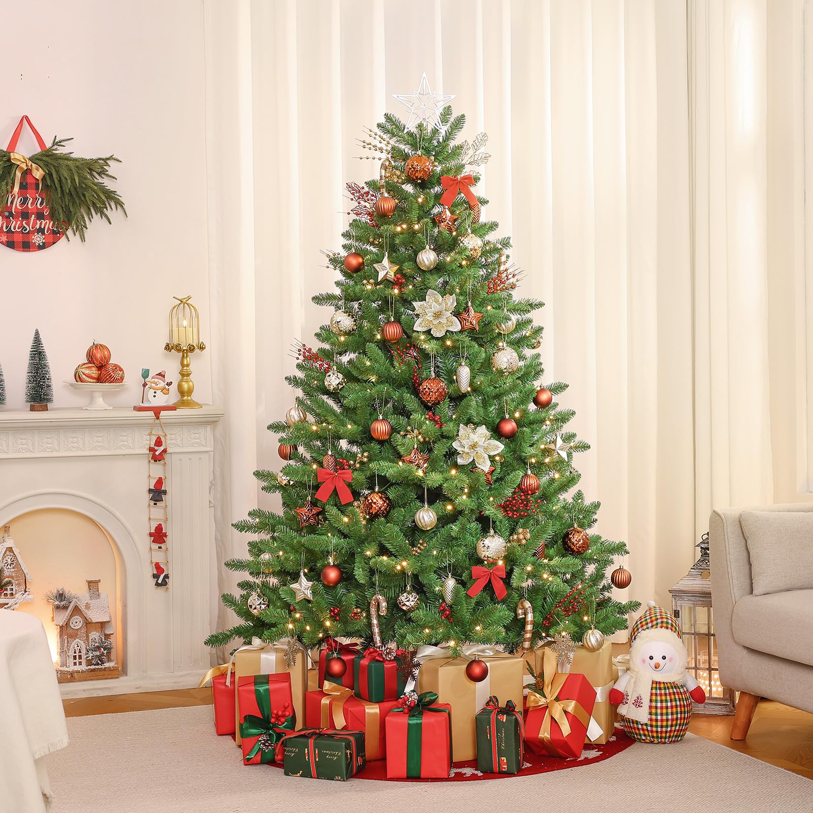 Alupssuc 128 Teiliges Weihnachtskugel-Ornament-Set, Bruchsichere Christbaumschmuckkugeln, Weihnachtsblumen, Bänder, Baumspitze für Weihnachtsbaum, Feiertage, Hochzeitsfeiern mit Haken, Braun & Gold