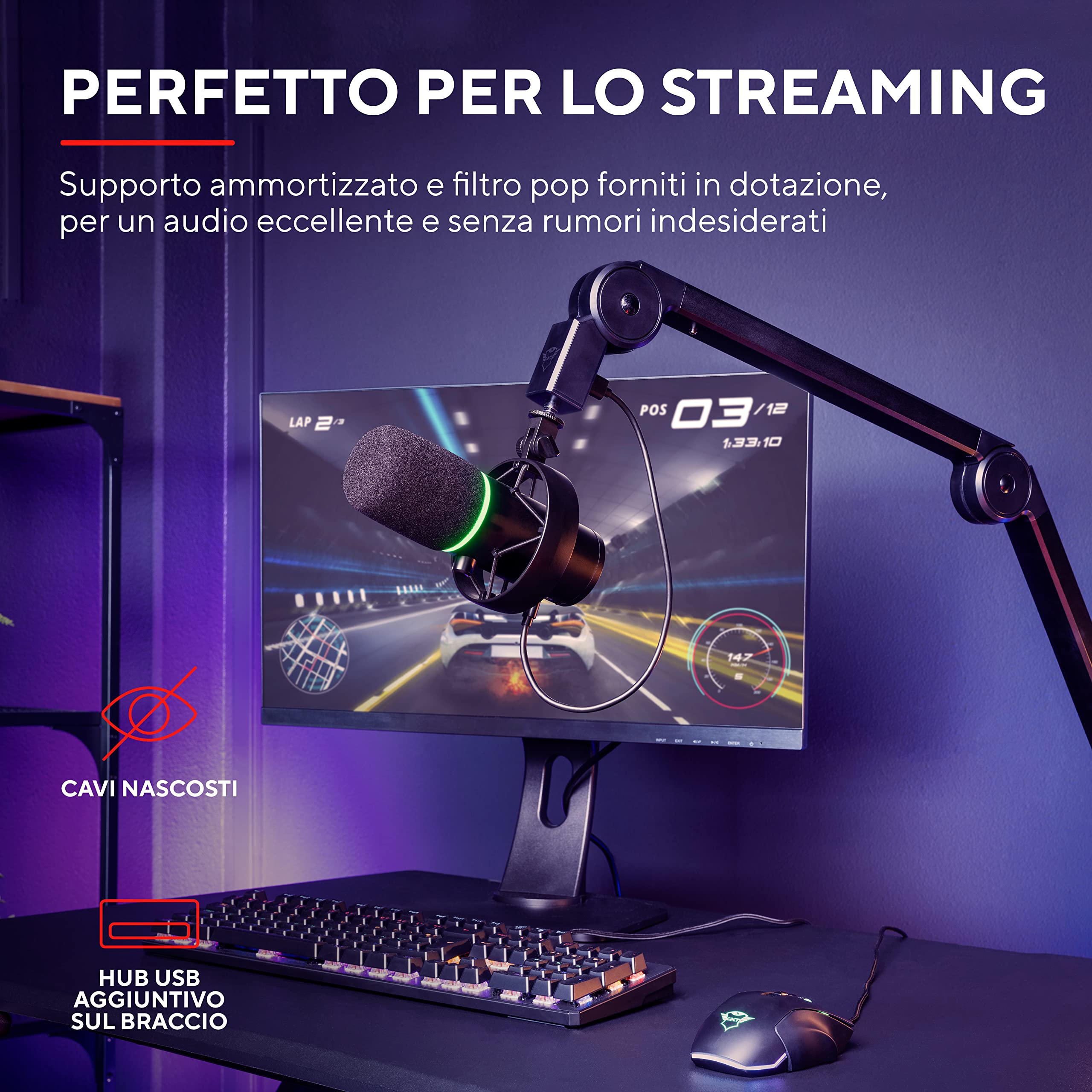 Trust Gaming GXT 255+ Onyx Microfono Professionale con Braccio da Streaming, Microfono USB con Motivo Cardiode, Filtro Pop, Microfono per Gaming, Podcast, ASMR, Registrazione, Trasmissione - Nero