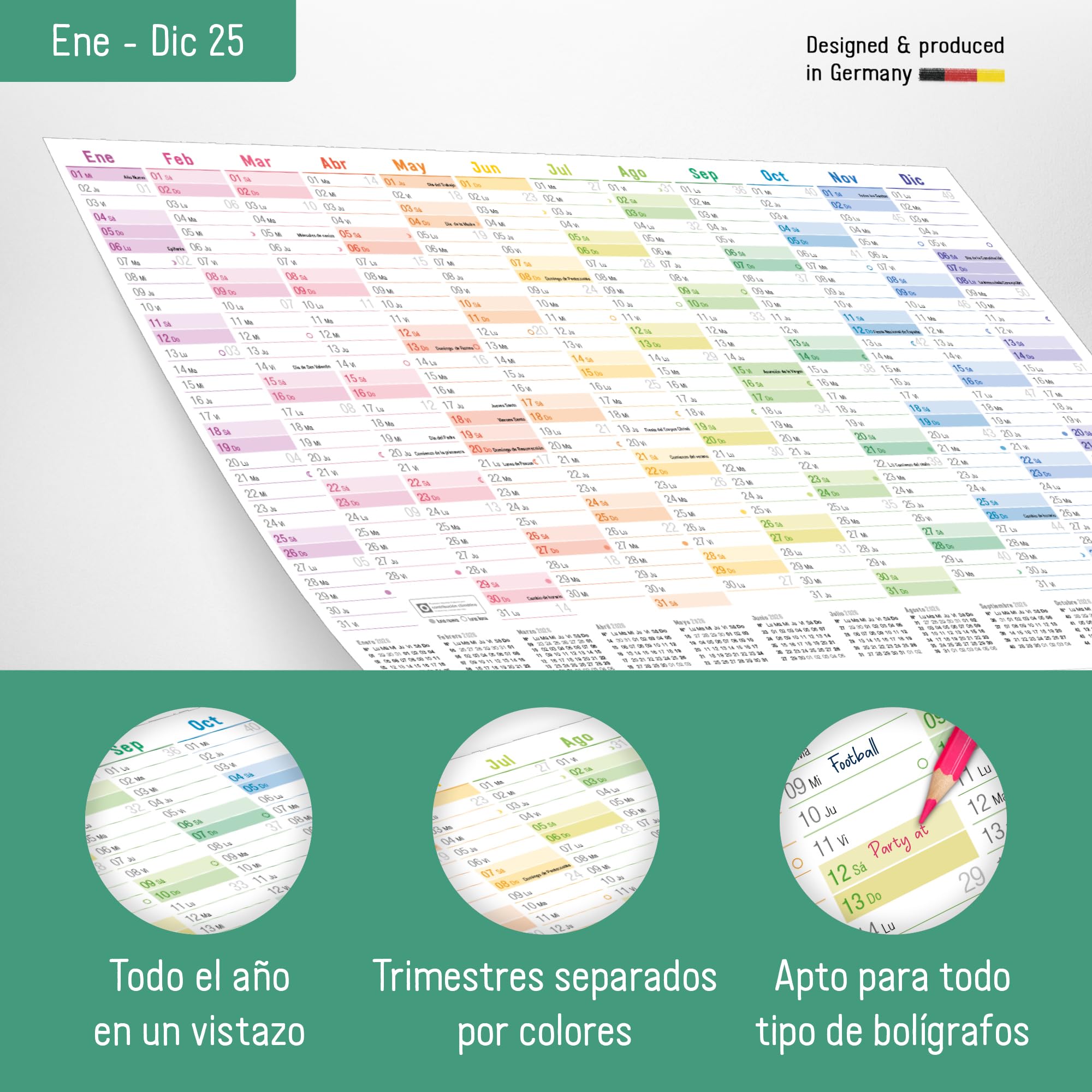 Häfft Calendario De Pared 2025 A2 Rainbow En Español, 14 Meses Con Fases Lunares, Festivos Españoles, Y Calendarios Extra A3 Y A4