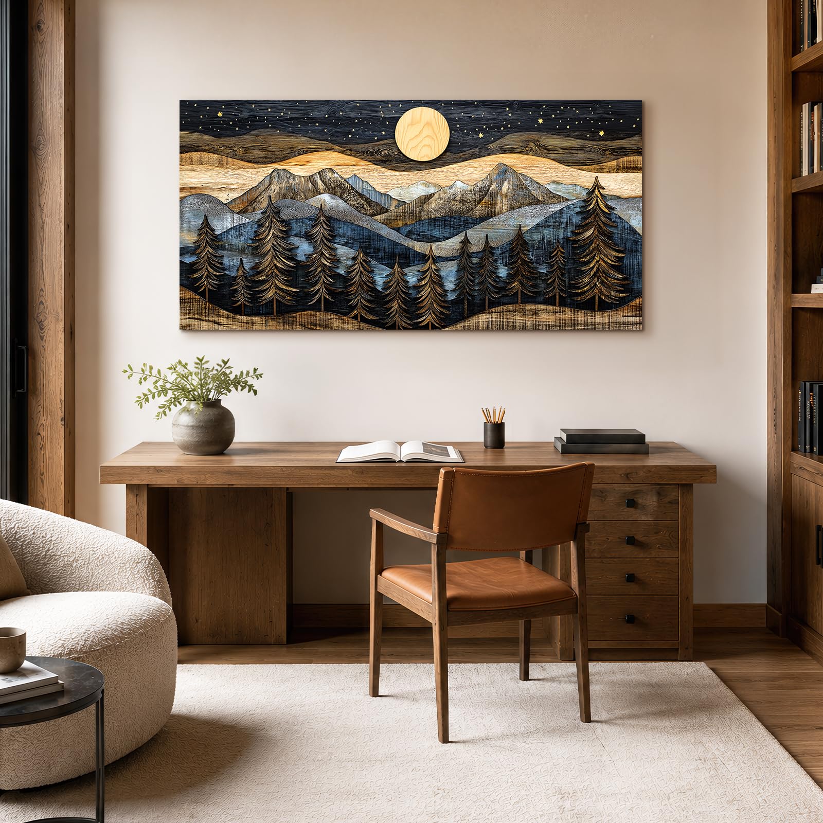 hyidecorart Modern Bilder Wohnzimmer Wald Berge Aesthetic Gemälde 73x146 cm | Feine Muster, Kunst, HD-Druck, Große Formate, Einfach Aufzuhängen, Schnellinstallation, Ruhige Wanddeko, Geschenk