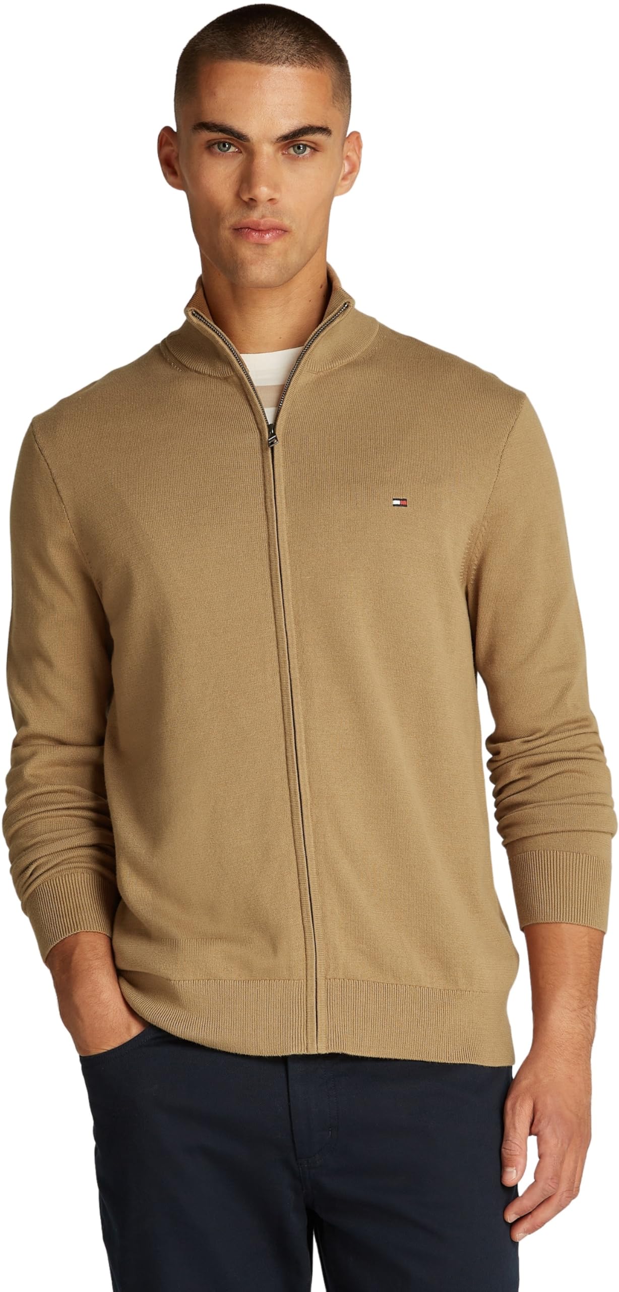 Tommy Hilfiger Męski Essential Cotton Zip Thru MW0MW36517 Sweter z zamkiem błyskawicznym, khaki, S, Khaki (płótno safari), S