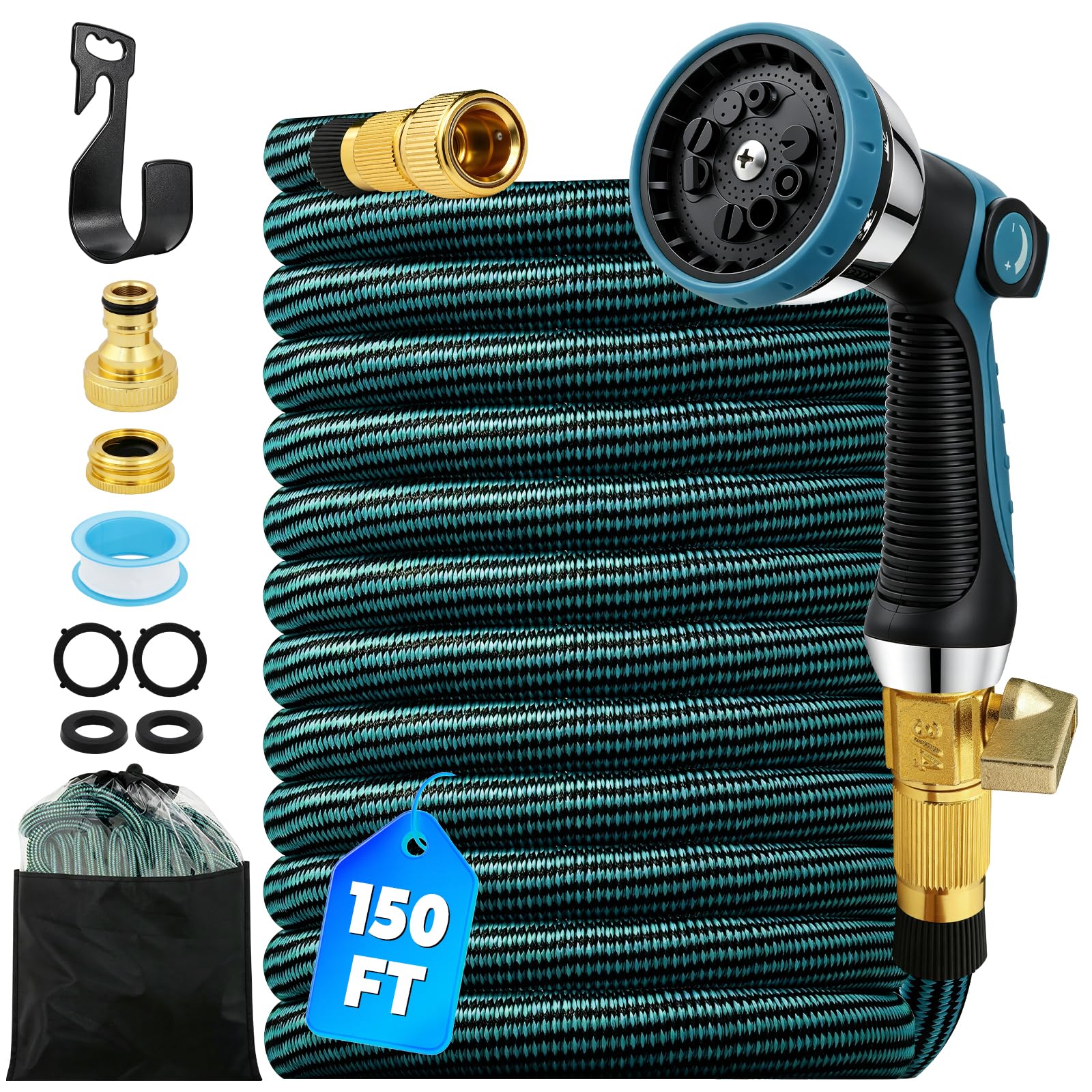 150Ft Expandable Garden Hose, 10 Function Sprayer Nozz, Flexible Garden Hose with 3/4 &1/2 Inch Solid Metal Fittings, Leakproof Lightweight Expanding Pipe for Yard,Outdoor (Blue)