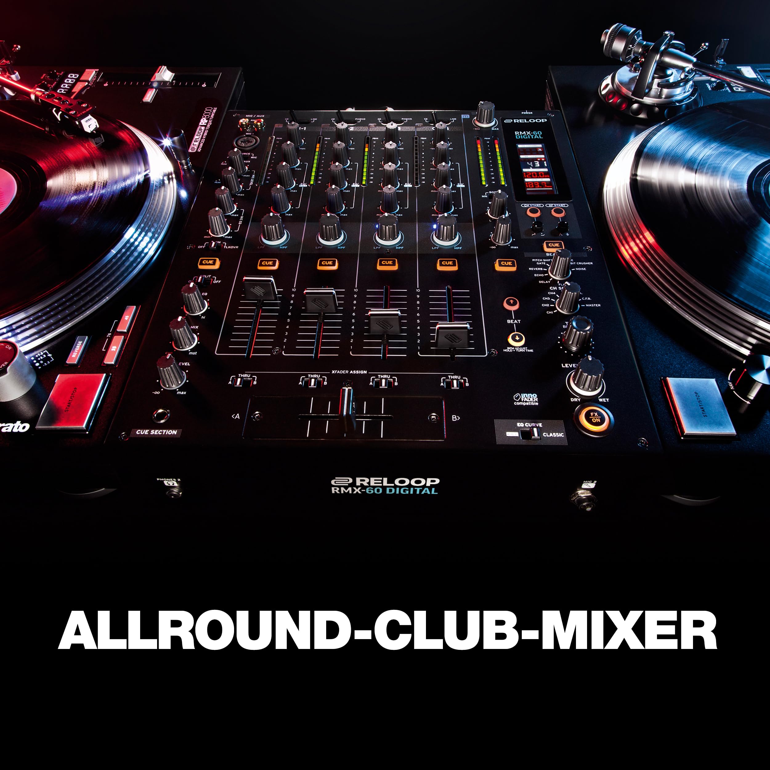 Reloop RMX-60 Digital - Klassischer 4+1 Kanal Performance Club DJ Mixer, 9 High-Quality Performance-Effekte in Studioqualität, 11 Inputs, 6 Outputs, Bipolarer Filter
