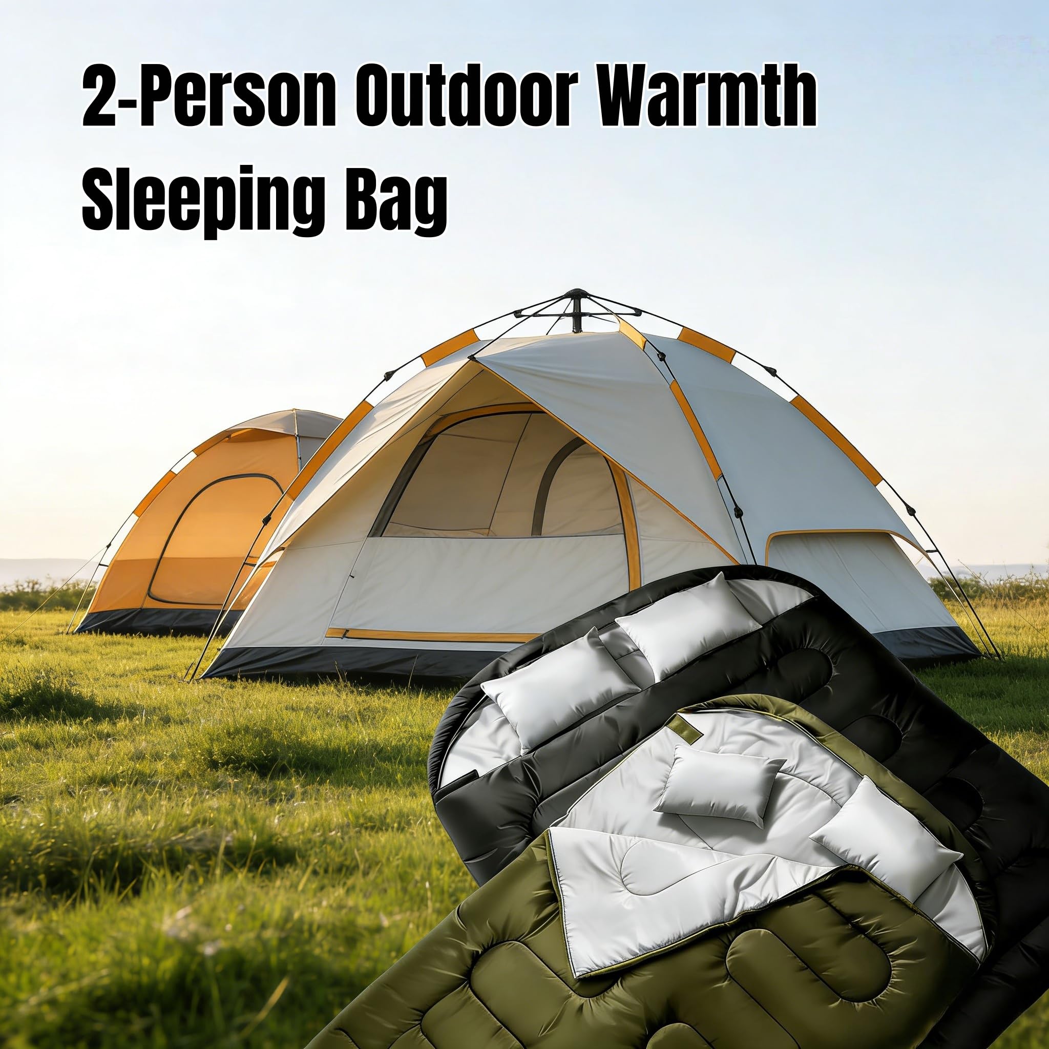 Gigoteuse double 2P 220 x 150 cm, sac de couchage 3 en 1 divisible en 2 sacs individuels, sac de couchage de camping imperméable avec oreiller, lavable, léger, sac de couchage extérieur, randonnée
