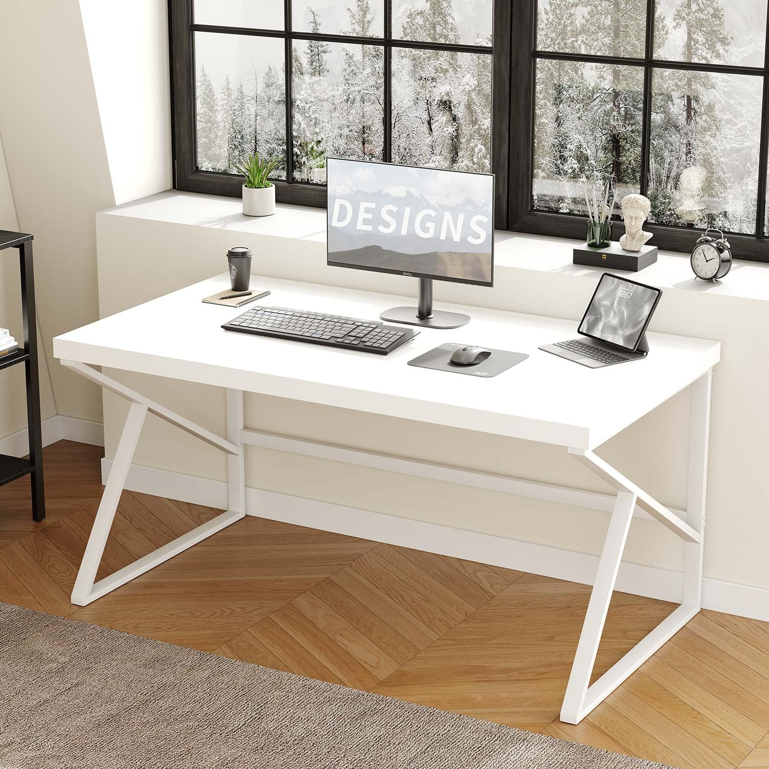 HSH White Computer Desk, Modern Wood Home Office Desk, PC Desk for Executive Work Writing Study Gaming Student Bedroom, Farmhouse Simple Wooden and Metal Computer Table Workstation, White Oak, 140cm — image 1