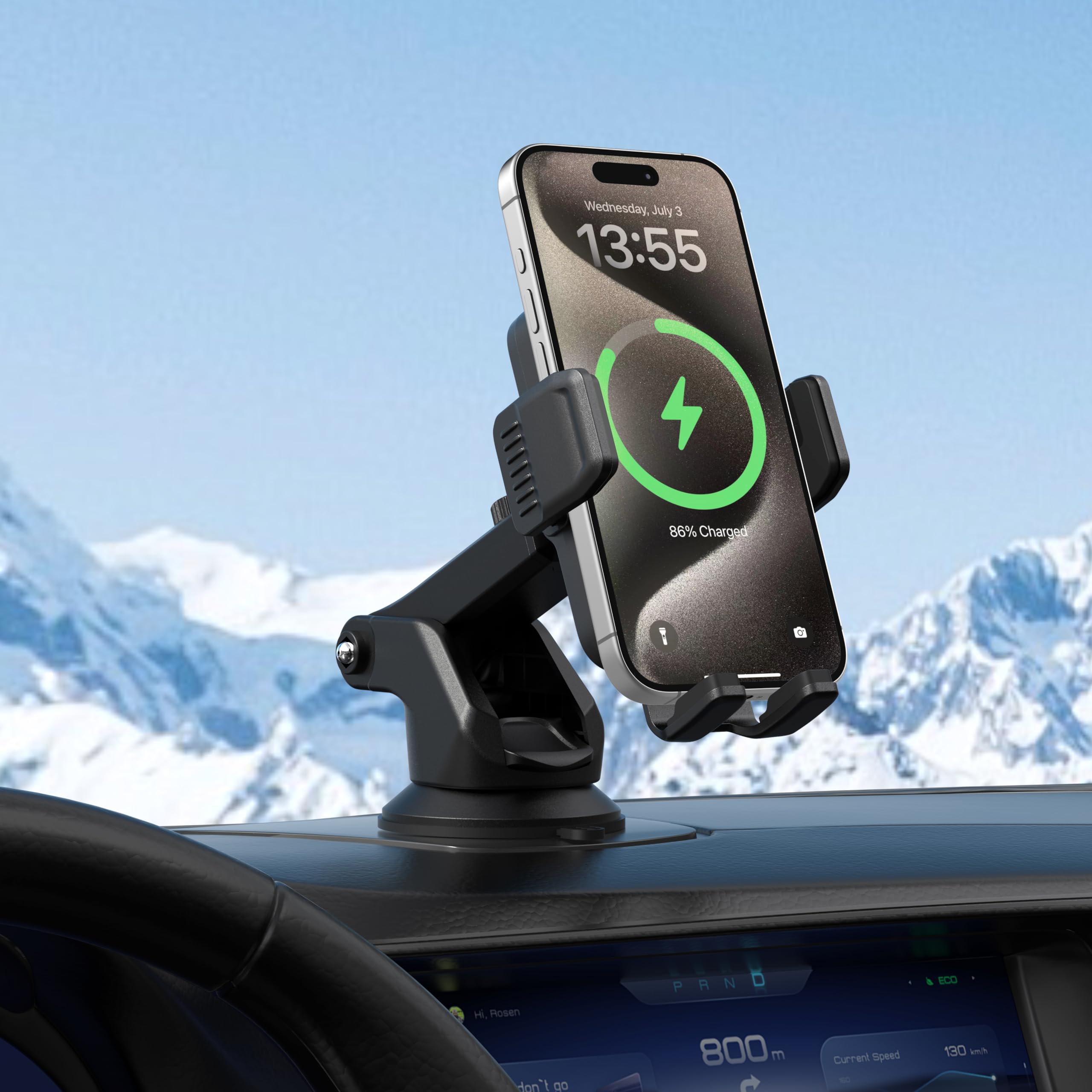 WYE Cargador inalámbrico de coche de 15 W con sujeción automática inteligente, soporte para salpicadero y parabrisas, soporte de carga rápida USB-C para iPhone, Samsung y smartphones Qi, color negro