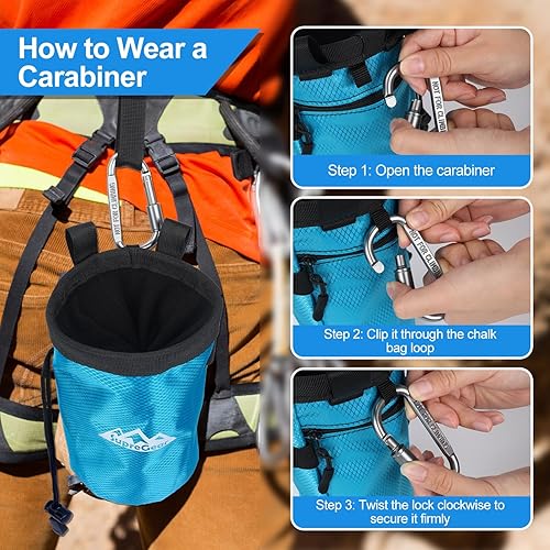 Miniatura 4 de supregear Bolsa de tiza para escalada en roca, bolsillo grande con cremallera con soporte para cepillo, cierre de cordón y clip de mosquetón, ideal