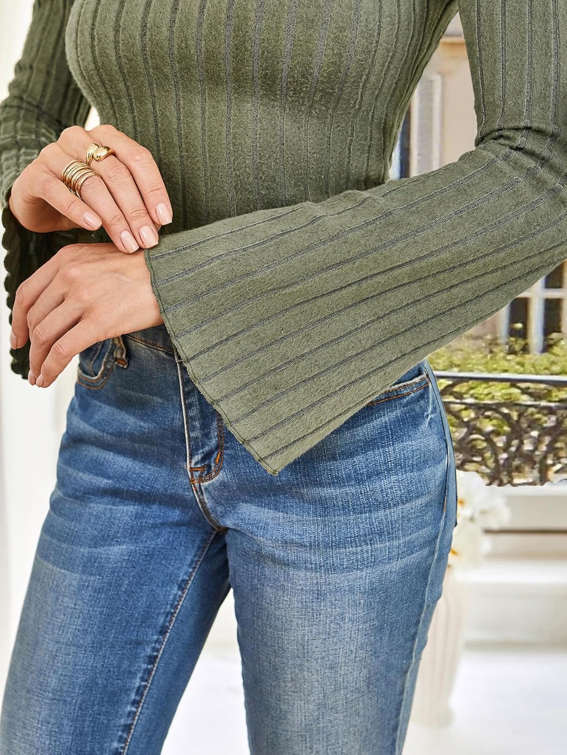 SweatyRocks Women's Bell Sleeve Crop Tops Dressy Casual Crewneck Lettuce Trim Ribbed Fitted Shirts - Image 5