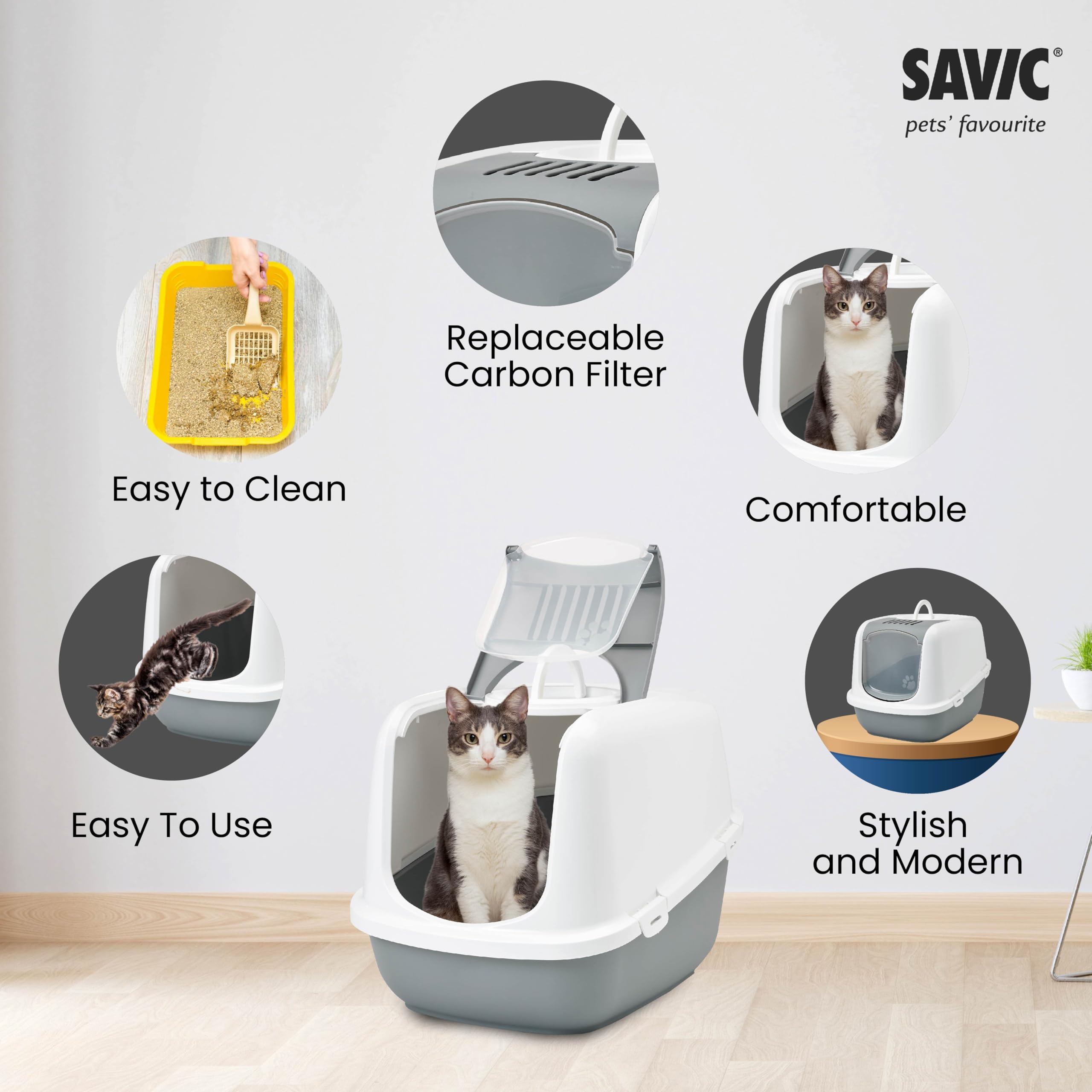 Savic Nestor Jumbo Covered Cat Litter Box, Enclosed Hooded Toilet with Flip Up Door, Odor Control Tray, Easy Clean Large Litter Box House Cold Grey 26x19x18 Inch 3