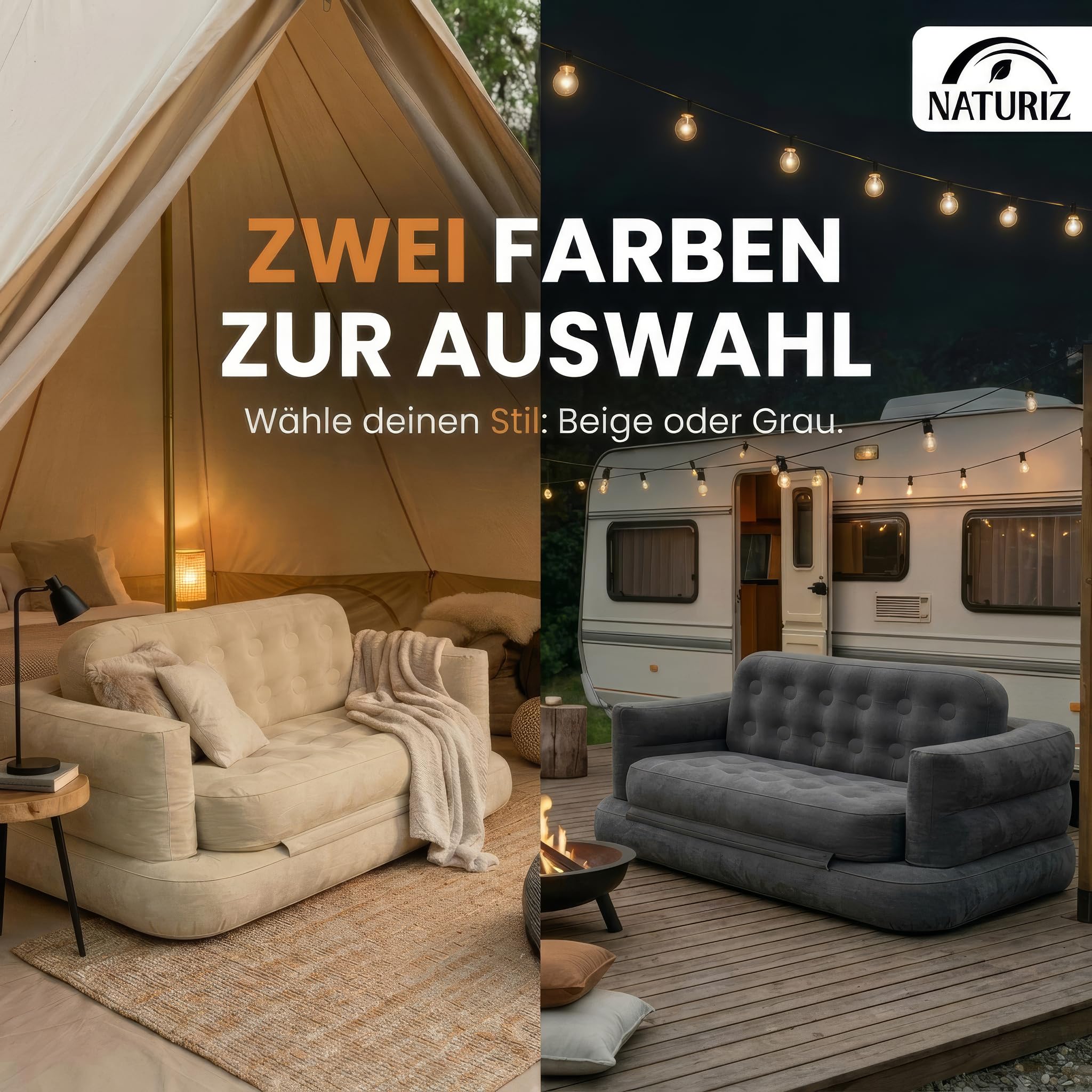 Naturiz® Pull Out Sofa 165x220cm - Camping Sofa mit Bettfunktion - Gästebett 2 Personen - Aufblasbares Sofa mit Tragetasche - kleines Mini Sofa, Mini Couch, Luftsofa (Grau, mit Pumpe)