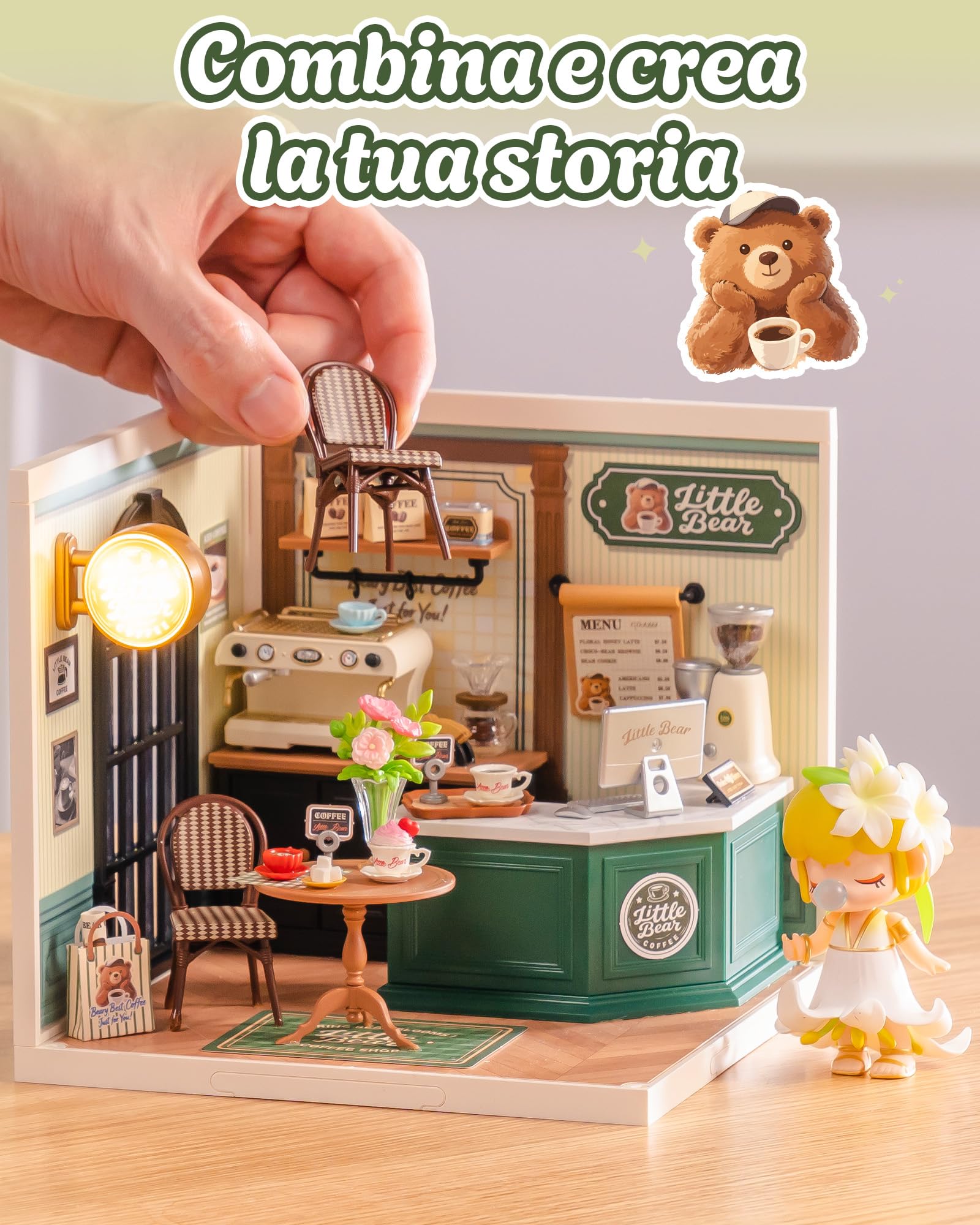 Rolife Super Creator Perfect Romance Café, kit fai da te in miniatura con luce, kit di mobili per casa delle bambole in plastica, senza colla, kit di costruzione per adulti e adolescenti, regalo