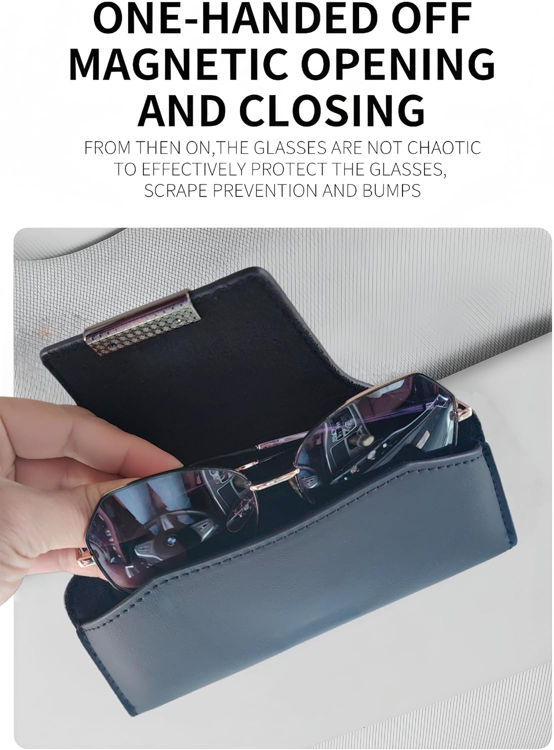 LINFEI Black Magnetic Car Visor Glasses Case + Glasses Clip, with Storage Box, Leather Car Visor Sunglasses Clip, 1 Set,Car Interior Accessory
