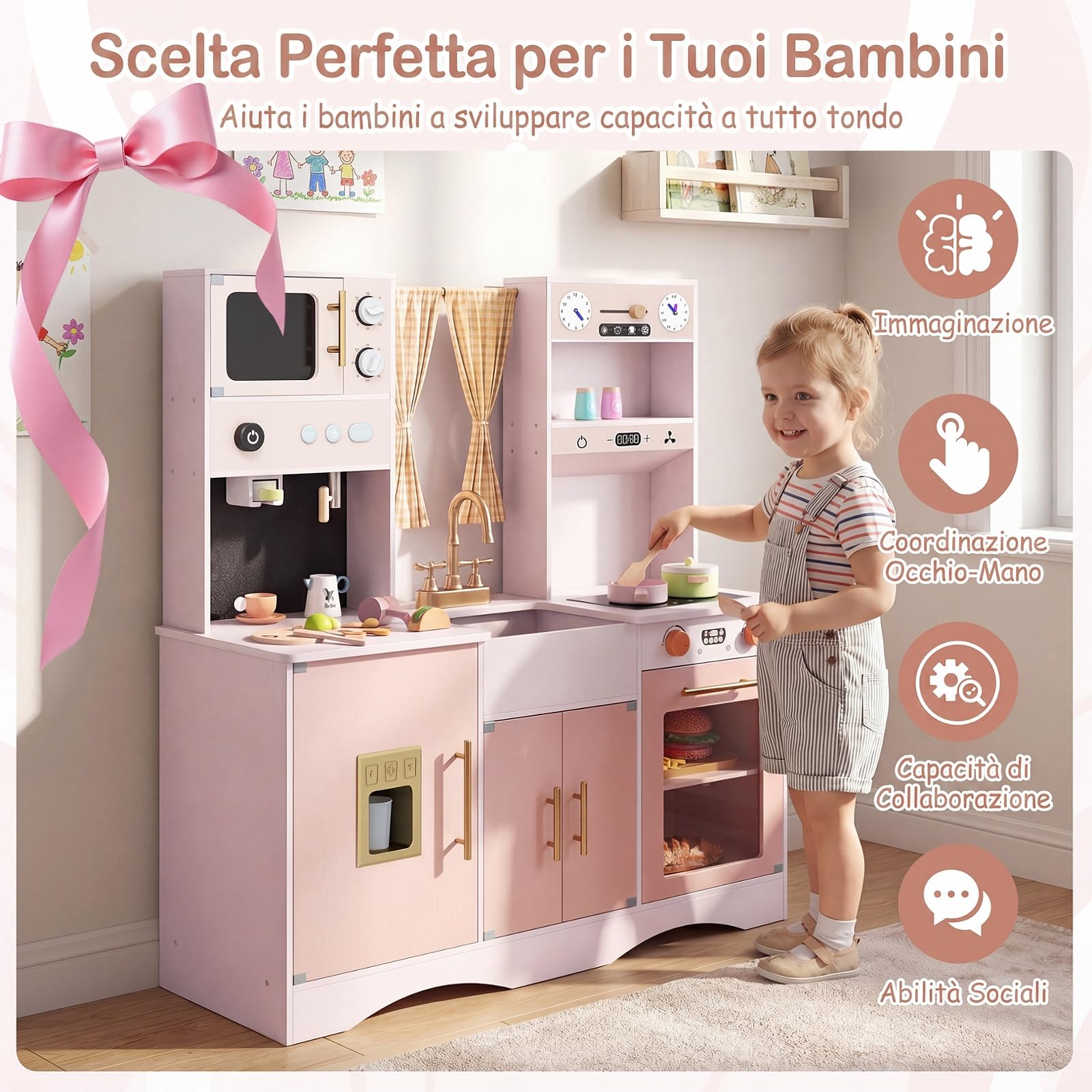 COSTWAY Set da Cucina per Bambini, in Legno, per Bambini 3+ Anni (Rosa)