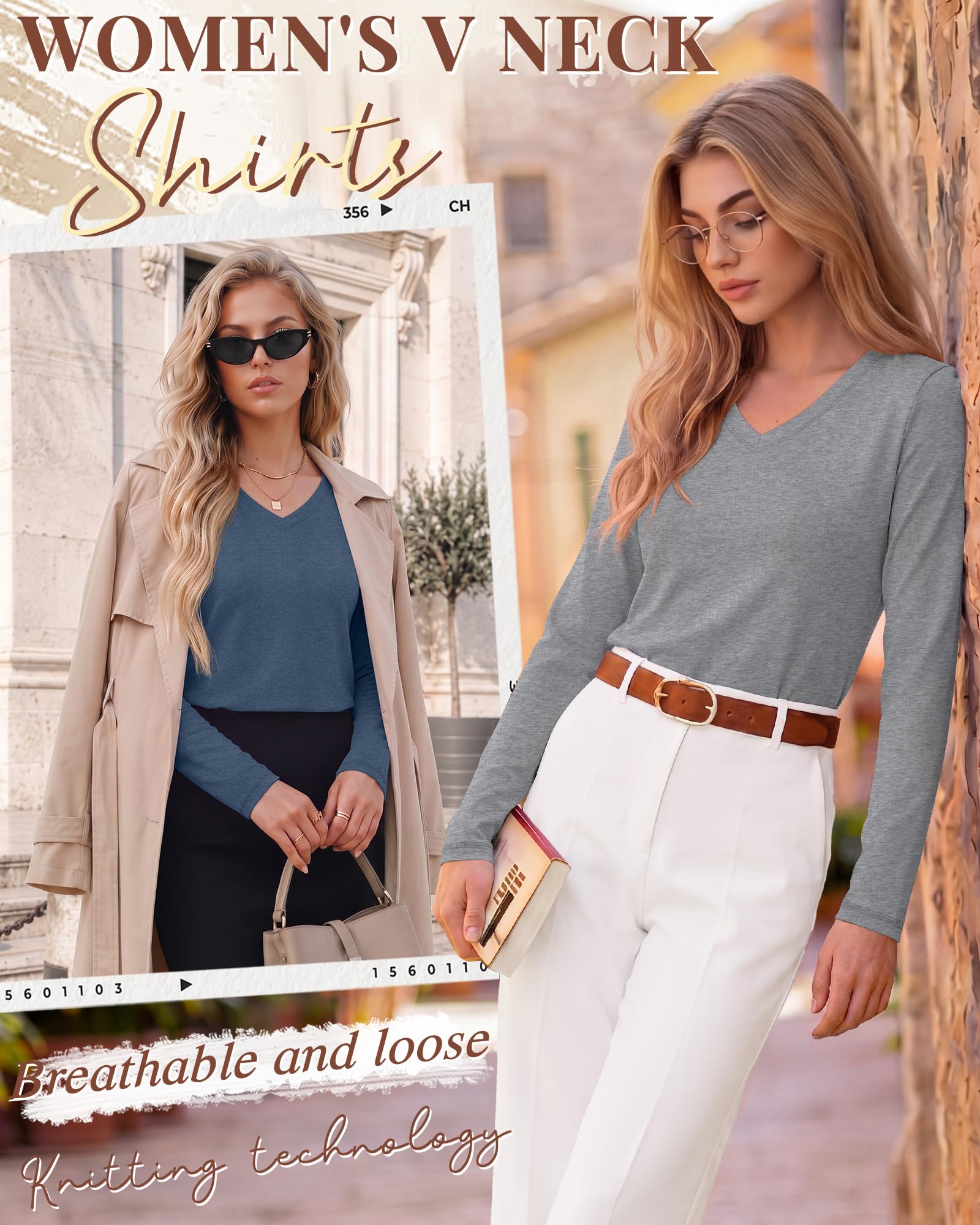 Neer Lot de 5 chemises à manches longues pour femme, col en V, coupe ample, t-shirts basiques solides, tendance, chemisiers décontractés pour l'automne