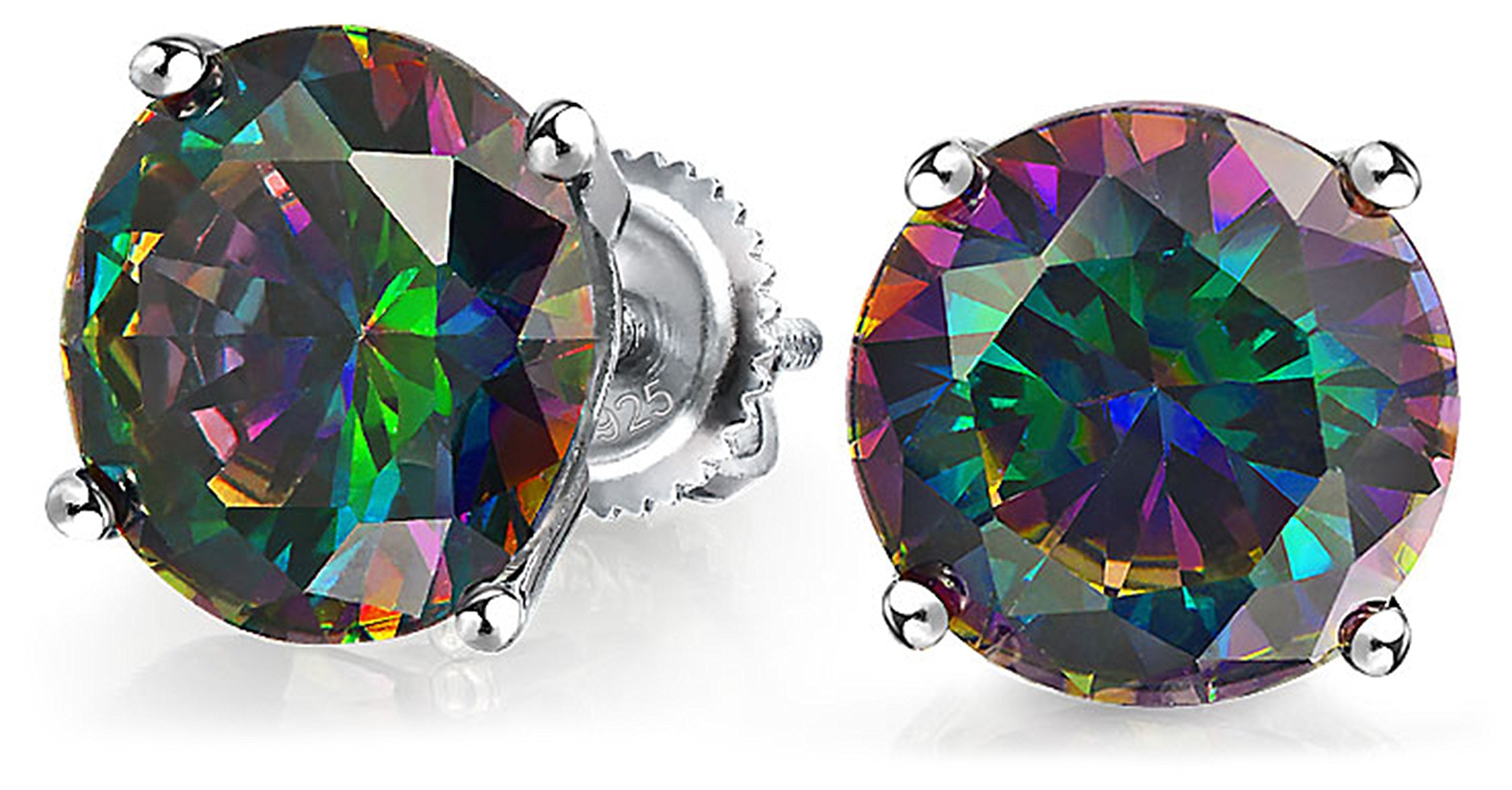 Round Black Mystic Rainbow Cubic Zirconia Solitaire CZ Stud Earrings For Women Sterling Silver Screw Back 5 6 7 8 9 MM