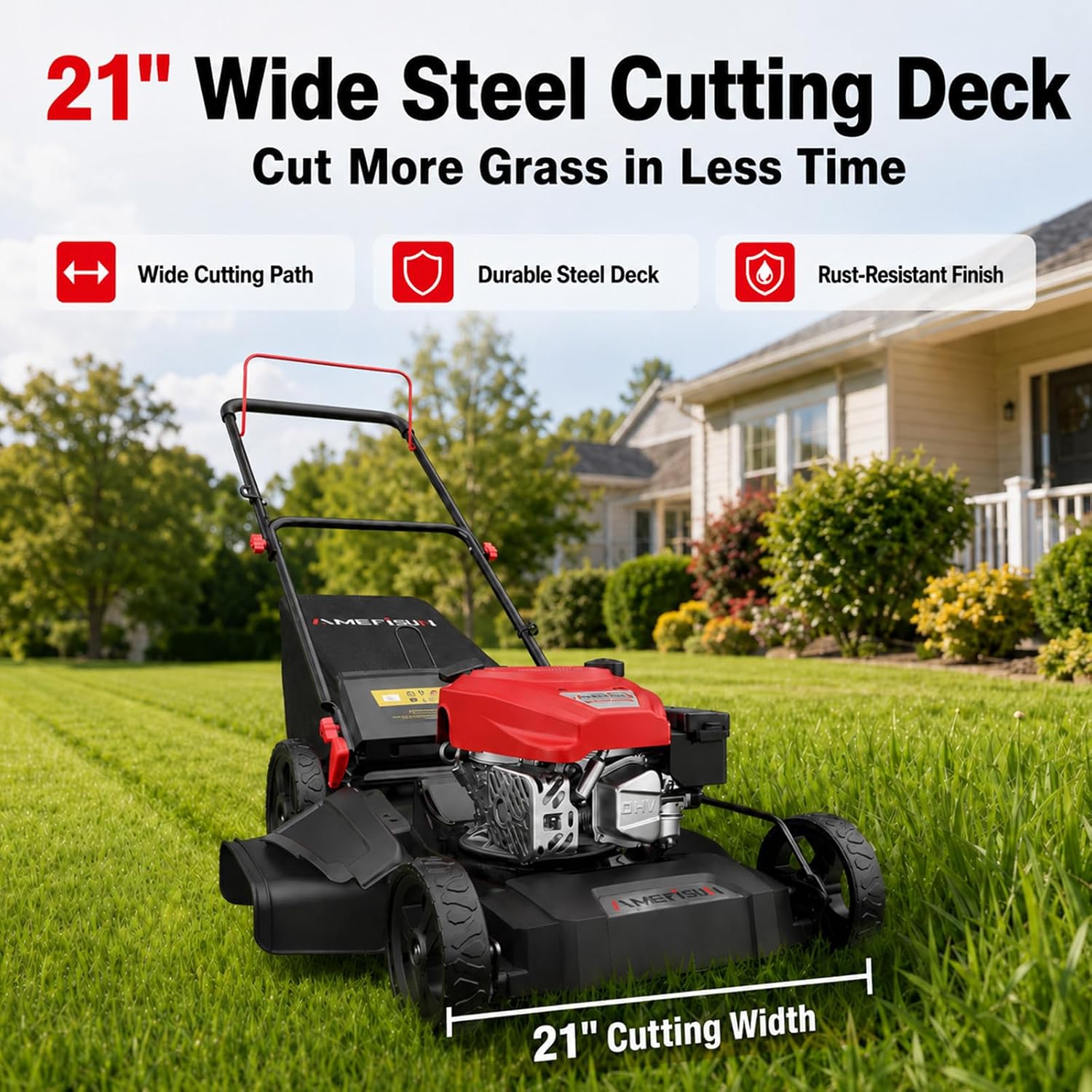 AMERISUN 21" Gas Lawn Mower, 144cc 4-Cycle OHV Walk Behind Push Mower photo 3