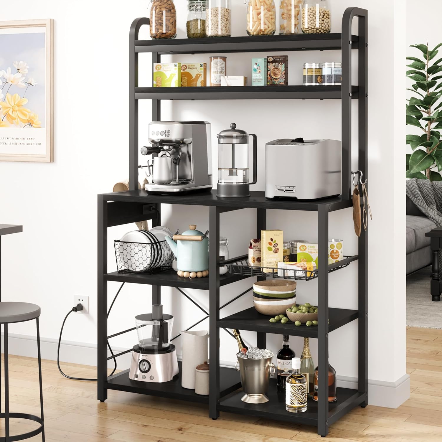 Garvee 5-Tier Bakers Rack with Wire Basket, Microwave Stand with Built-in Power Outlets, Coffee Bar Station, and Open Kitchen Shelving for Spices, Dishes and Pots, Black