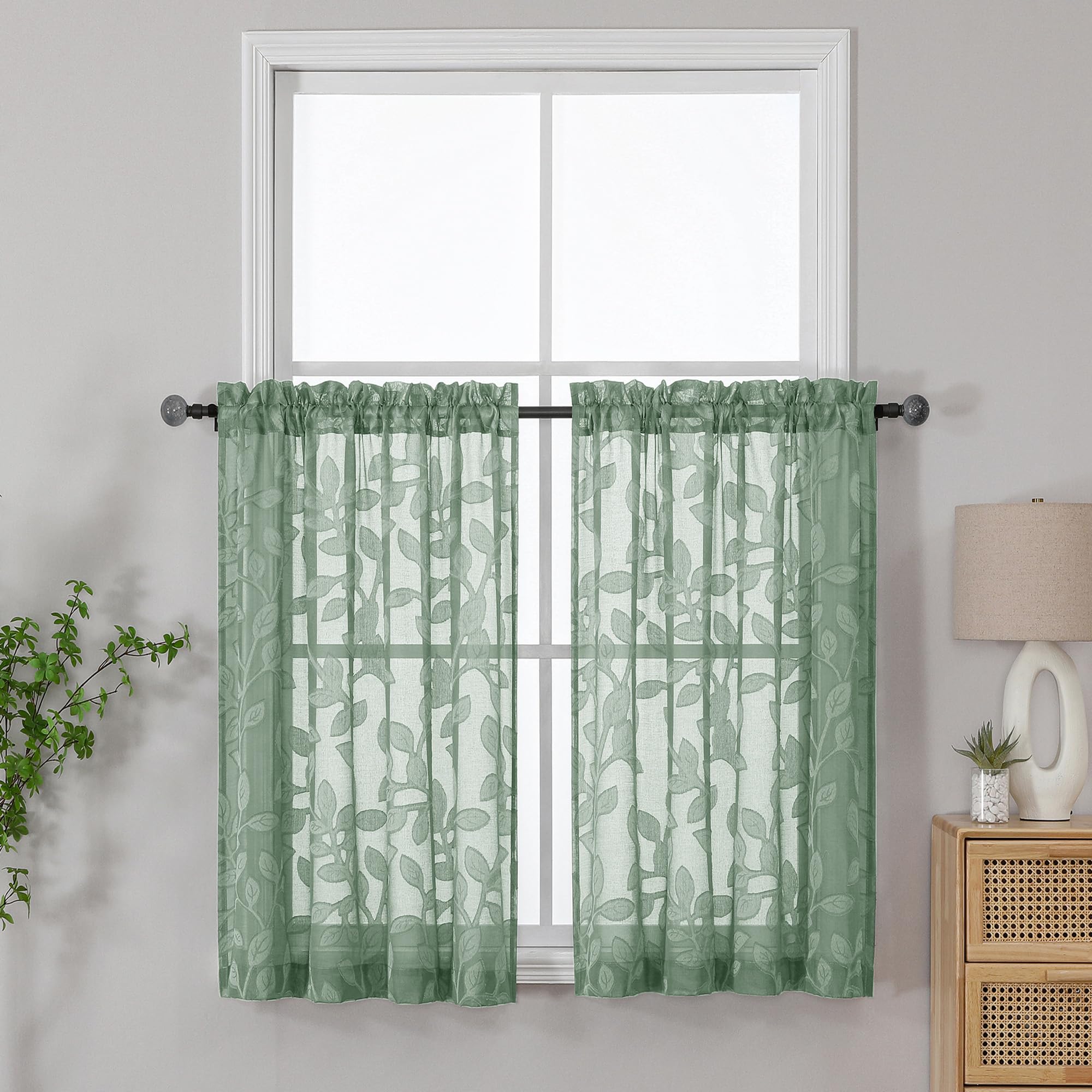 OVZME Sage Green Sheer Short Curtains 36 Inch Length 2 Panels, Light Filtering Small Sheer Drapes for Bathroom Basement, Jacquard Clip Leaf Pattern Textured Curtains for Kitchen Window — image 1