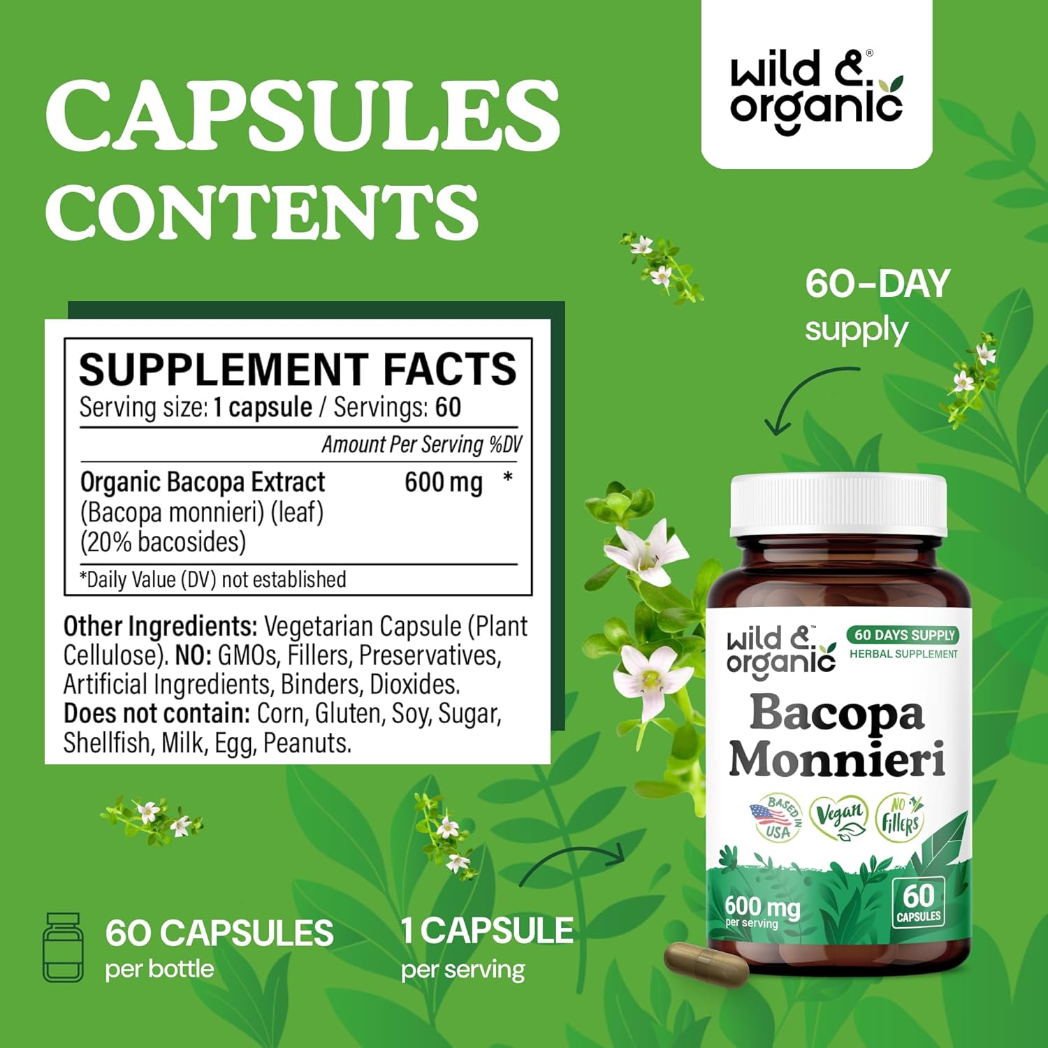 Wild & Organic Bacopa Capsules 600 mg - Brain Support - Natural Bacopa Monnieri Supplement - Brahmi Capsules - 60 Days of Supply - Vegan, No Fillers, Non-GMO - 60 Count - Image 3