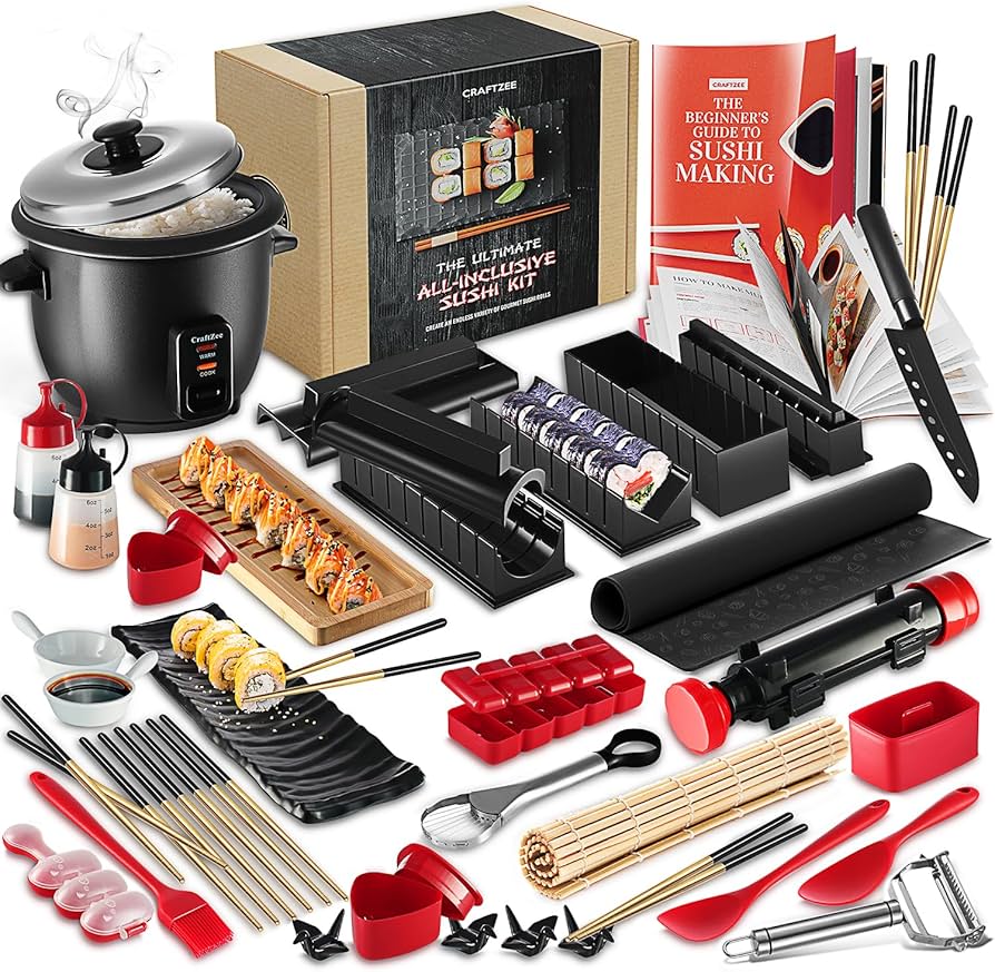 Sushi Making Kit - Complete Sushi Maker Kit with Bazooka Roller, Rice Cooker, Onigiri, Nigiri & Musubi Mold, Rice Ball Mold, Bamboo Rolling Mat, Knife, Guide Book & More