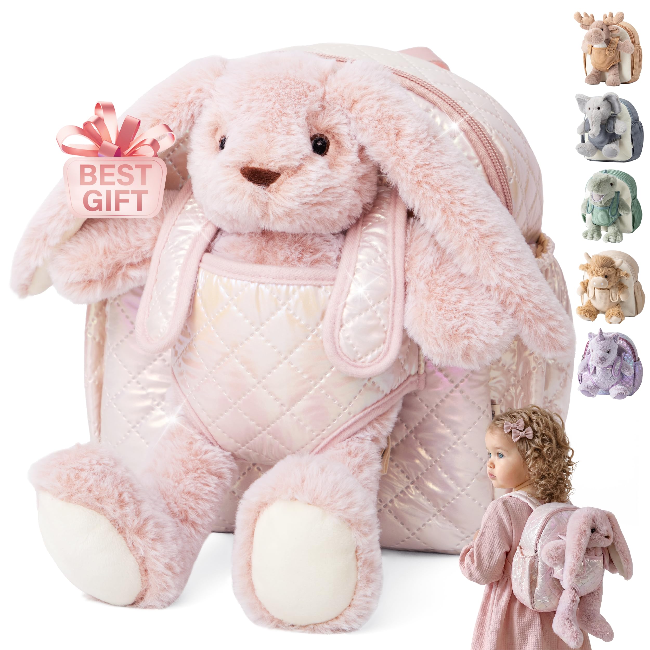 Moonkie Kindergartenrucksack Kita Rucksack mit Abnehmbarem Spielzeug Mädchen Weiche Plüsch 1-3 Jahren