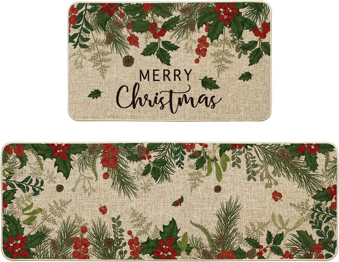 Artoid Mode Leaves Holly Merry Christmas Kitchen Mats Set of 2, Winter Home Decor Low-Profile Kitchen Rugs for Floor - 17x29 and 17x47 Inch
