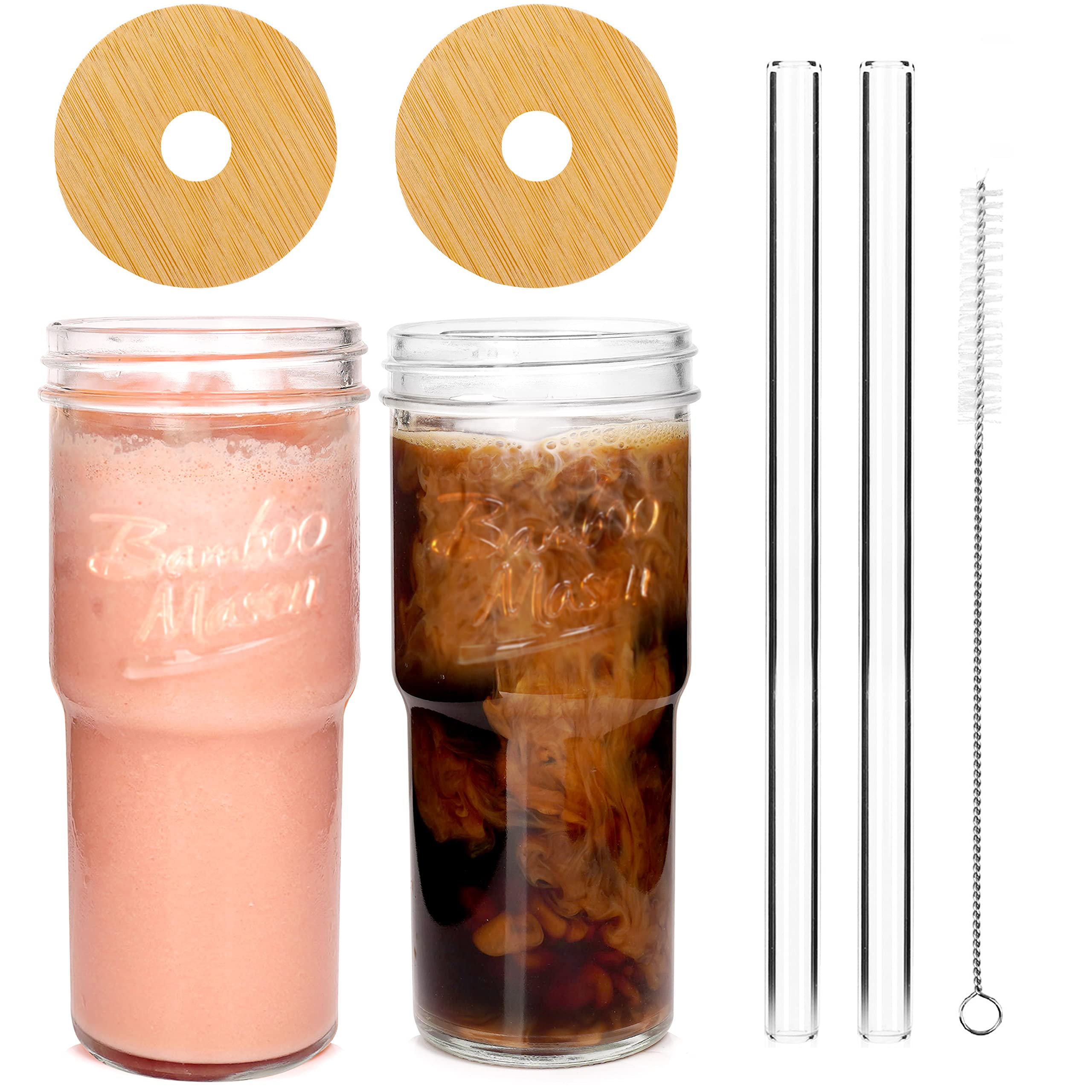 ANOTION Glass Cups with Lids and Straws 2 Packs, 24oz Travel Coffee Mug Wide Mouth Bamboo Mason Jar Iced Coffee Cup Smoothie Cup Glass Tumbler Tea Cup Clear Cute Water Cups Drinking Jars Glasses