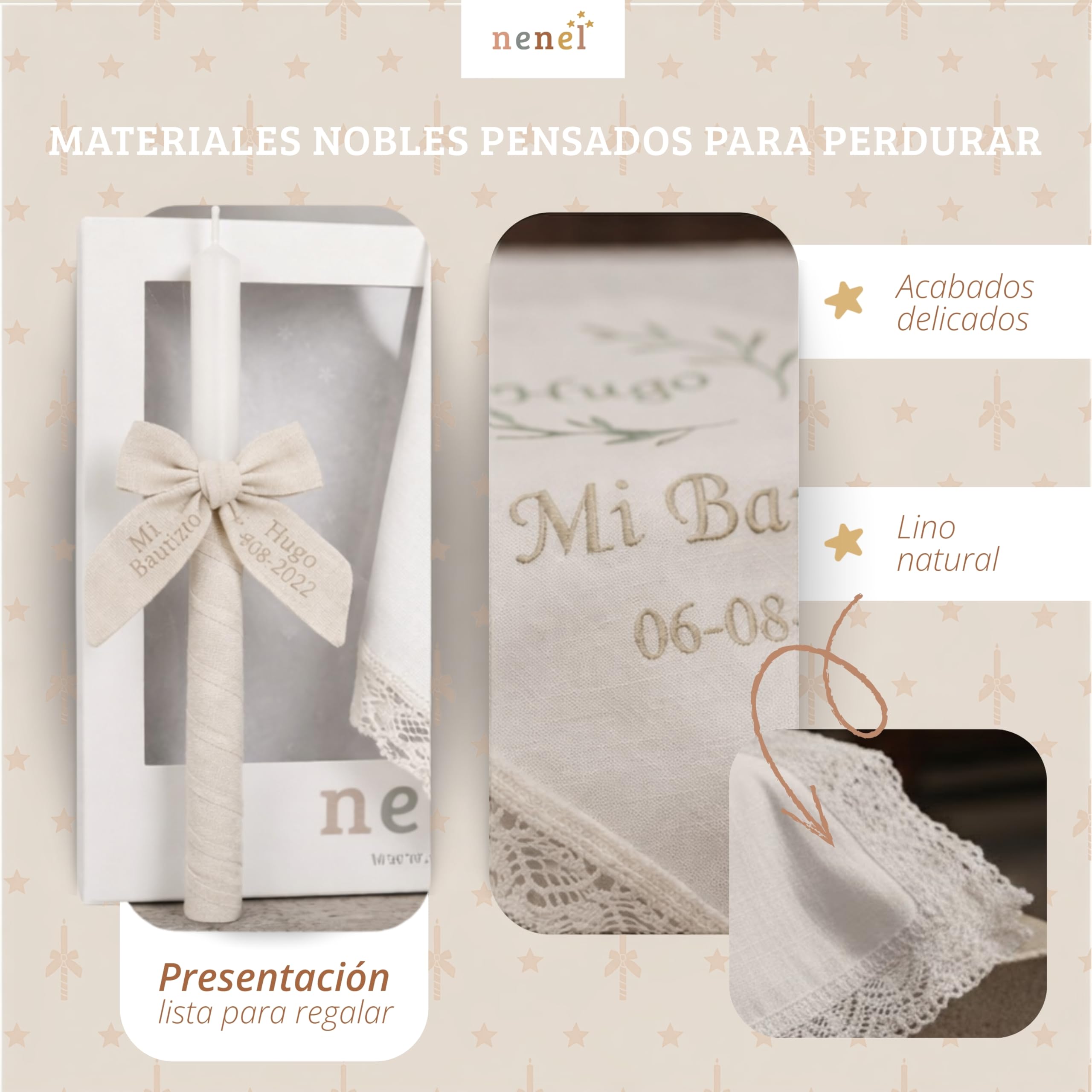 Bambule Beige Kit de Bougie et Mouchoir Personnalisé pour Baptême