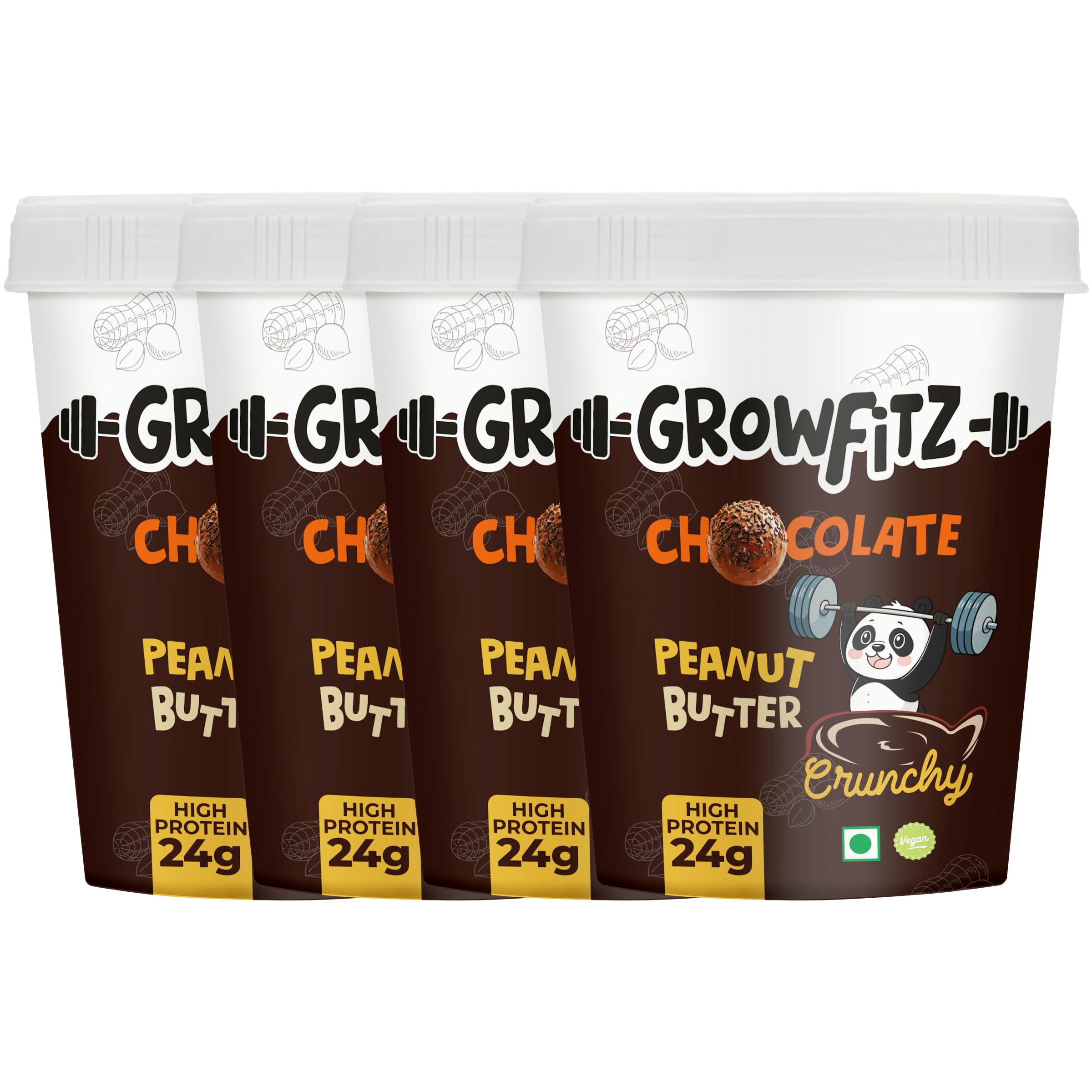 Growfitz Peanut Butter Chocolate Crunchy 400g | 24g High Protein Peanut Butter | 7g Fiber | Tasty & Healthy Nut Butter Spread for Breakfast & Snacks | Roasted Peanuts | Zero Sugar (Pack of 4)