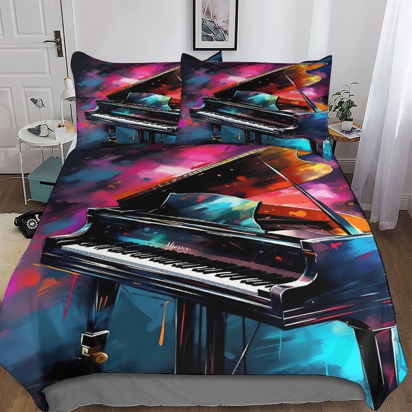 Piano Bedding Quilt Cover 3 Pieces Sets Easy Care Super-Soft Polycotton Comforter Cover Comfortable & Durable Duvet Cover with Pillowcases For Boys Girls Double (200x200cm)