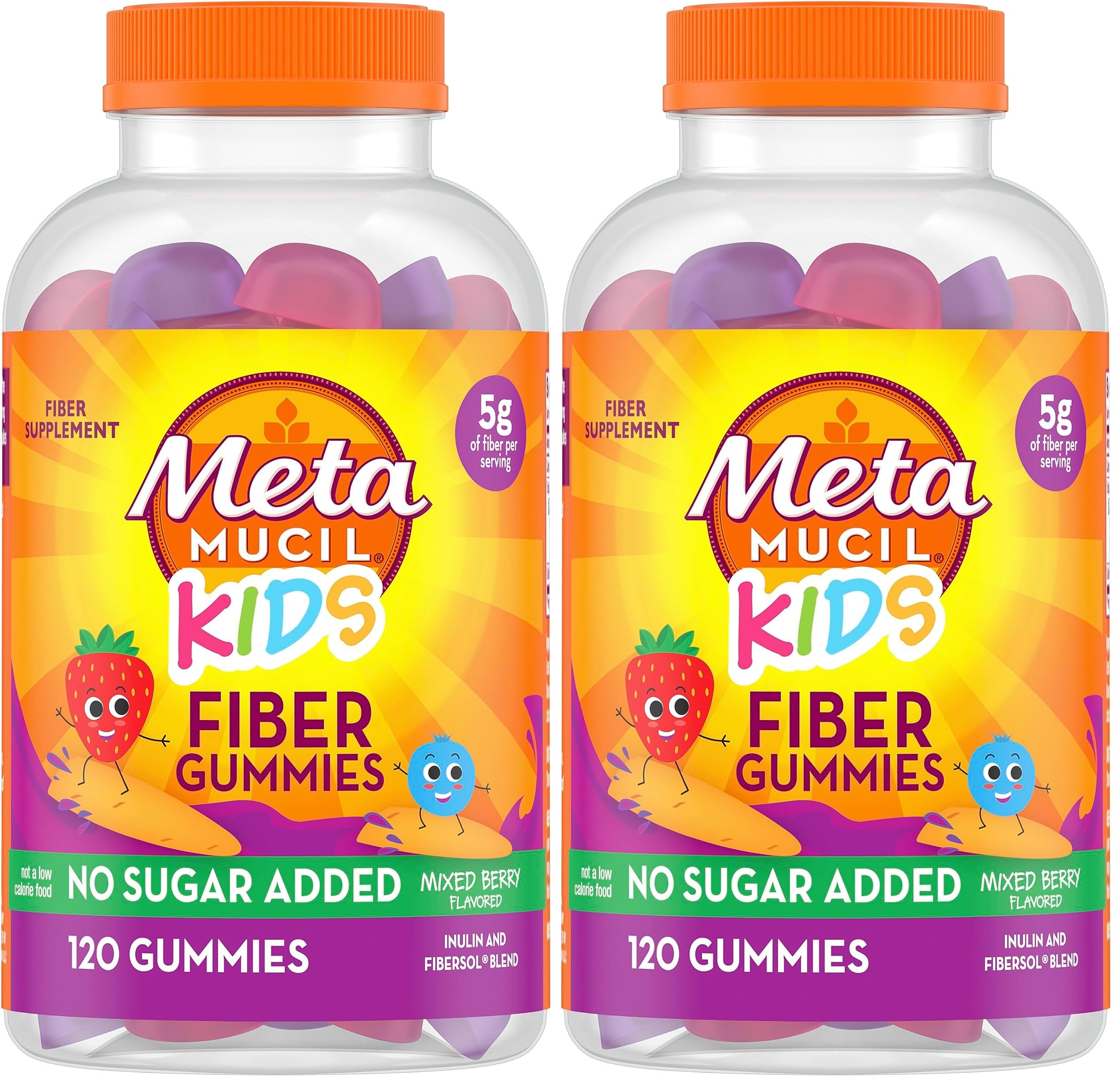 Metamucil Kids Fiber Gummies, No Sugar Added, 5g Prebiotic Plant-Based Fiber Supplement Blend, Mixed Berry Flavored, 120ct Gummies, (Pack of 2) 120 Count (Pack of 2)